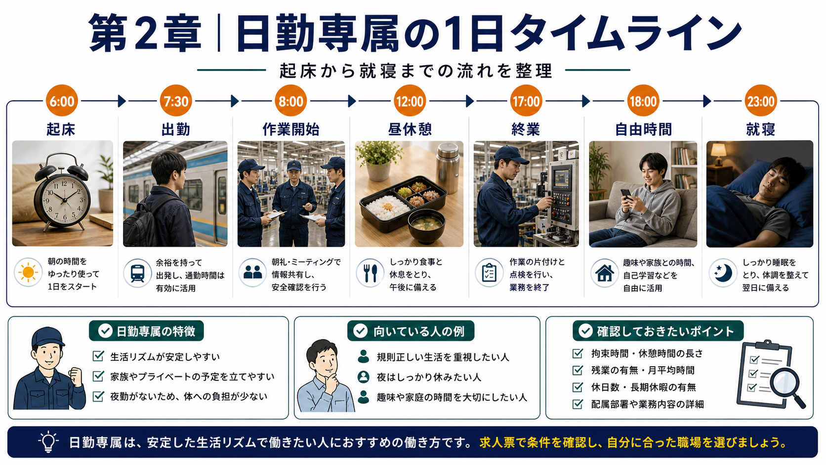 第2章「日勤専属の1日の流れ｜起床から就寝までのタイムライン」の要点を整理したインフォグラフィック。日勤専属の1日を6:00〜23:00のタイムライン形式で描いた図。起床・出勤・朝礼・作業・昼休憩・作業・終業・帰宅・自由時間・就寝を時間帯ごとに色分けして表示。
