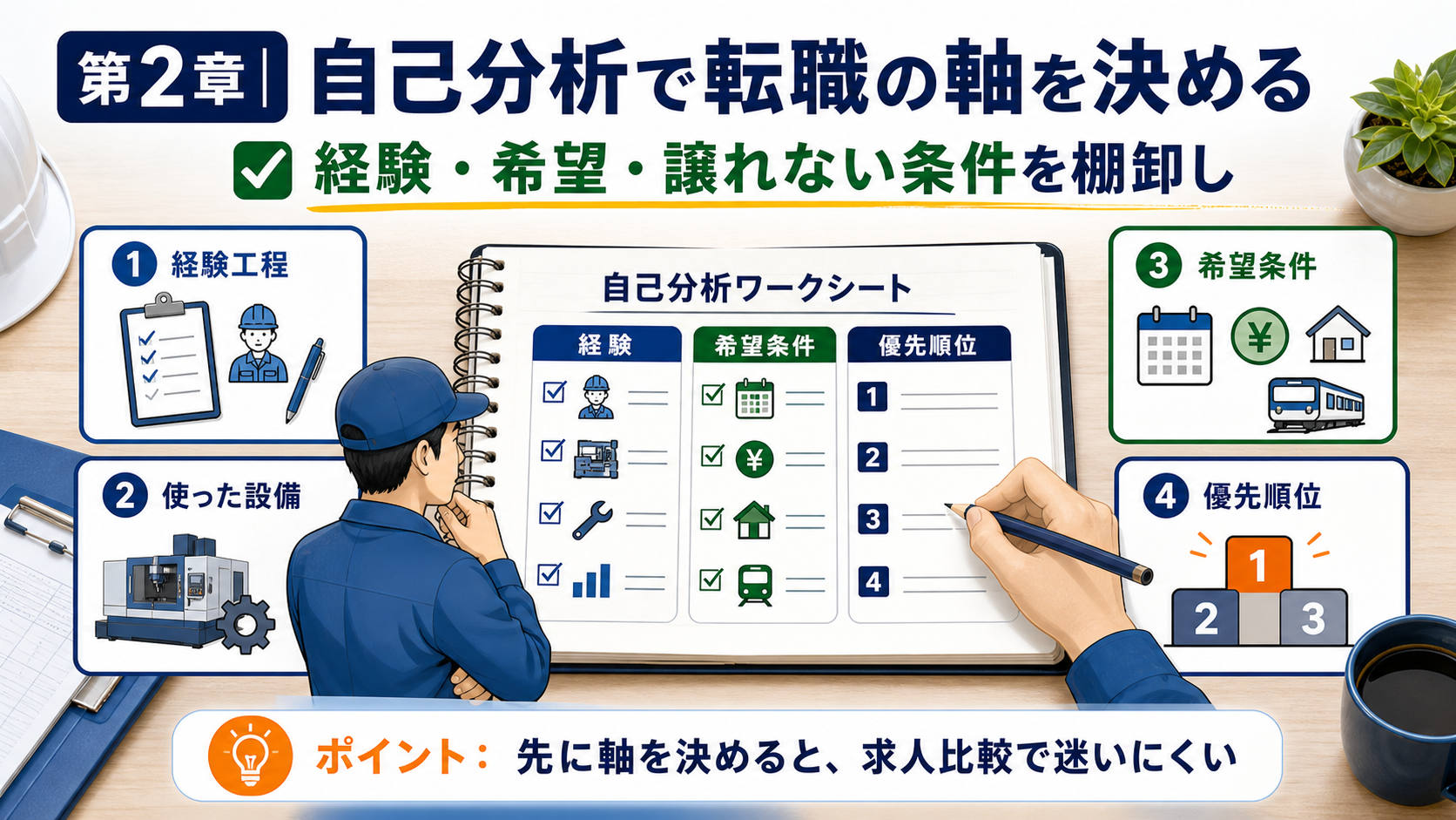 第2章「ステップ1｜自己分析で転職の軸を決める」の要点を整理したインフォグラフィック。製造業の転職で自己分析すべき4つの軸（経験工程・保有資格・譲れない条件・転職理由）を棚卸しシート形式で整理し、求人選びの判断基準を固める方法を解説