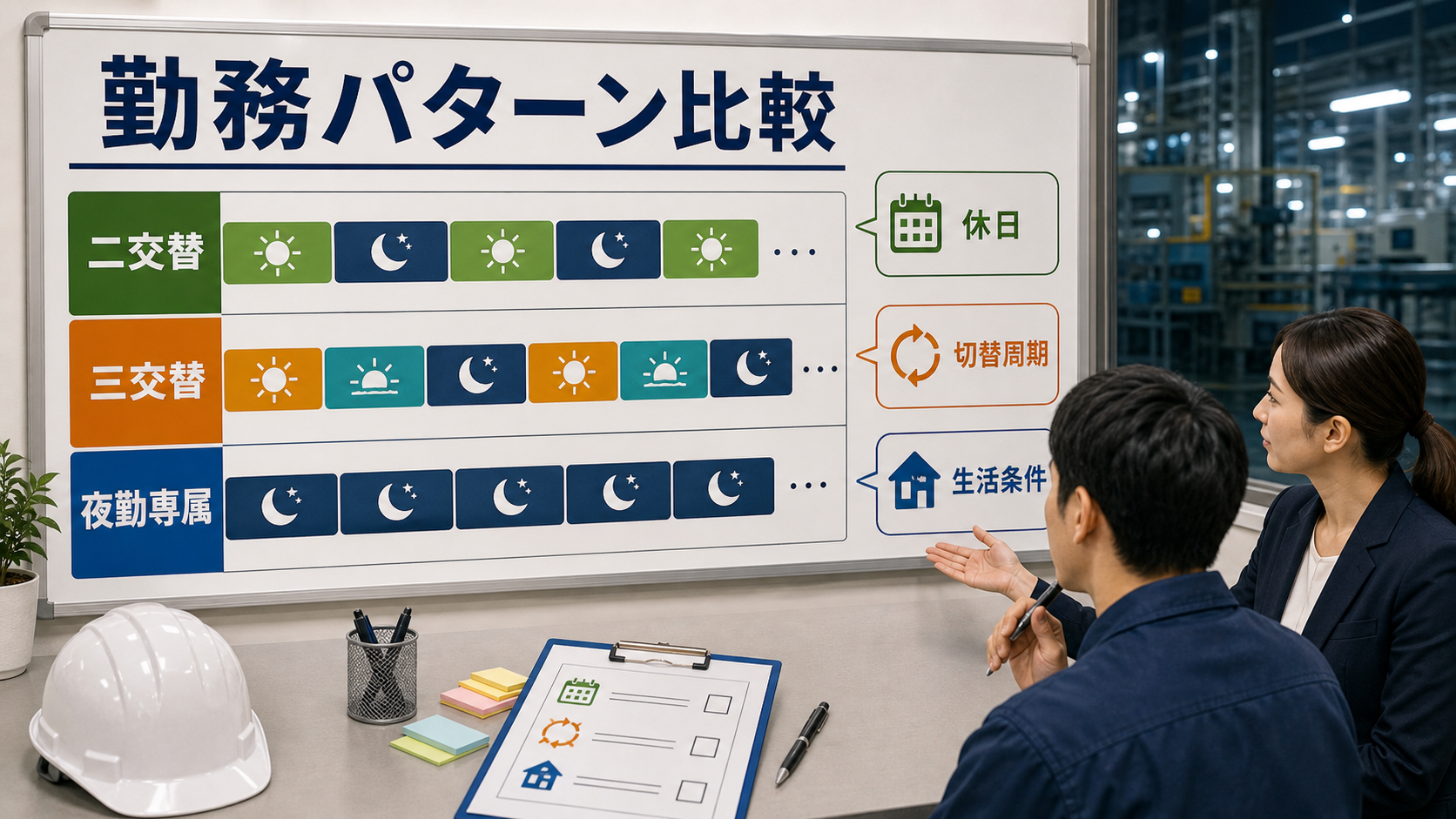 第2章「二交替・三交替・夜勤専属の勤務パターン比較」の要点を整理したインフォグラフィック。二交替・三交替・夜勤専属の3つの勤務パターンを勤務時間帯・シフト周期・休日・向いている人の軸で比較し、自分の生活条件から逆算して選ぶ方法を解説する図