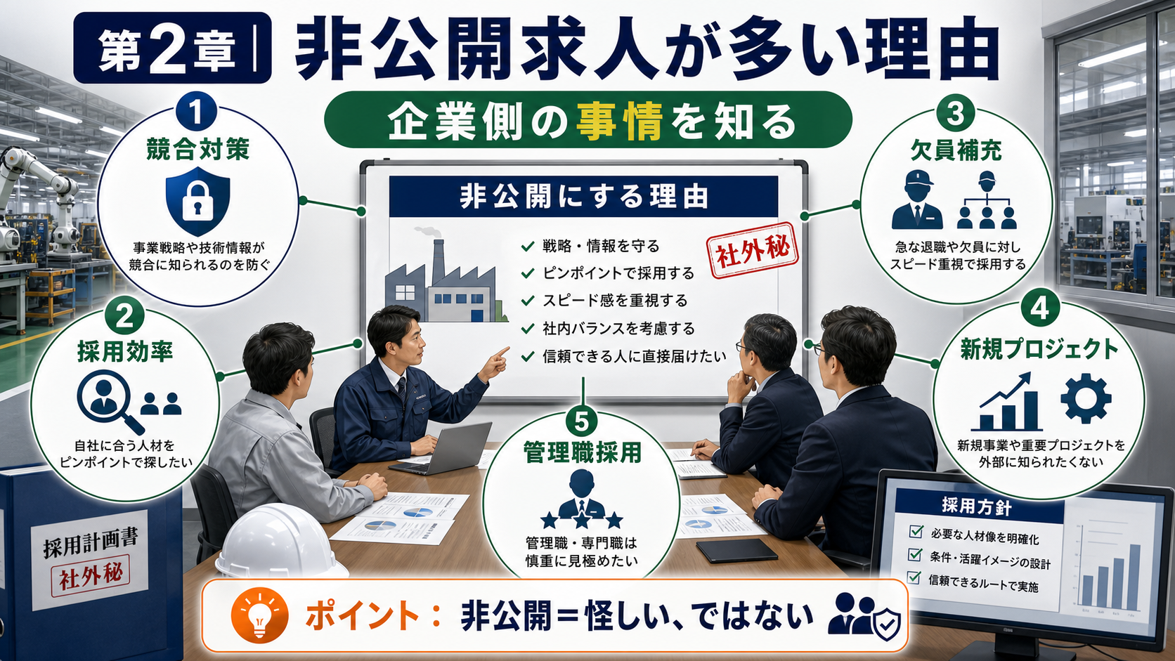 第2章「製造業で非公開求人が多い5つの理由——企業側の事情を知る」の要点を整理したインフォグラフィック。製造業の企業が求人を非公開にする5つの合理的な理由を、競合対策・採用効率・専門人材確保・機密保持・社内配慮の観点から具体例付きで解説し、信頼性の見極め方も紹介する図解