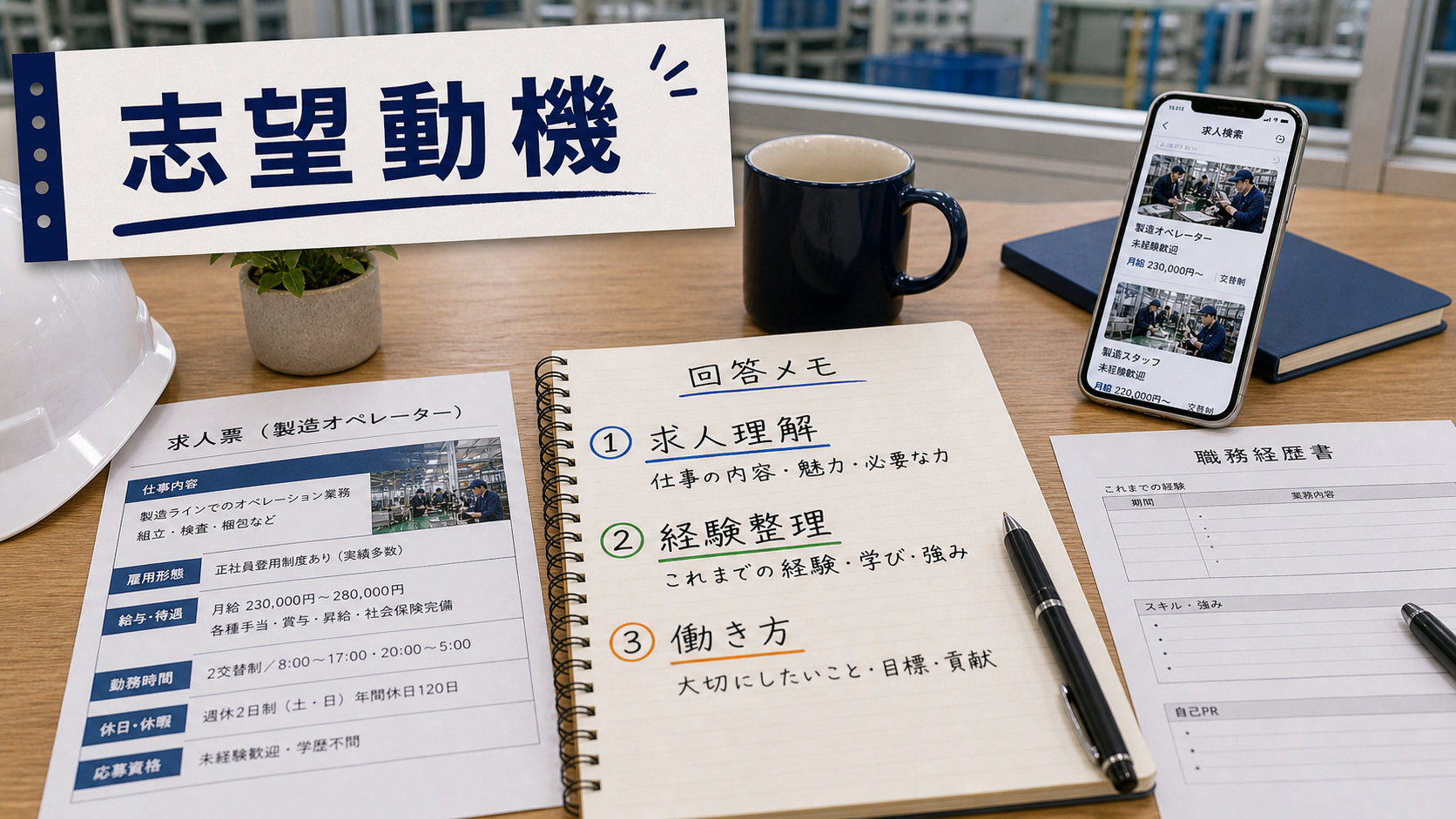 第2章「志望動機の質問に未経験者が答える手順」の要点を整理したインフォグラフィック。求人票の仕事内容から志望動機を3ステップで組み立てるフロー図