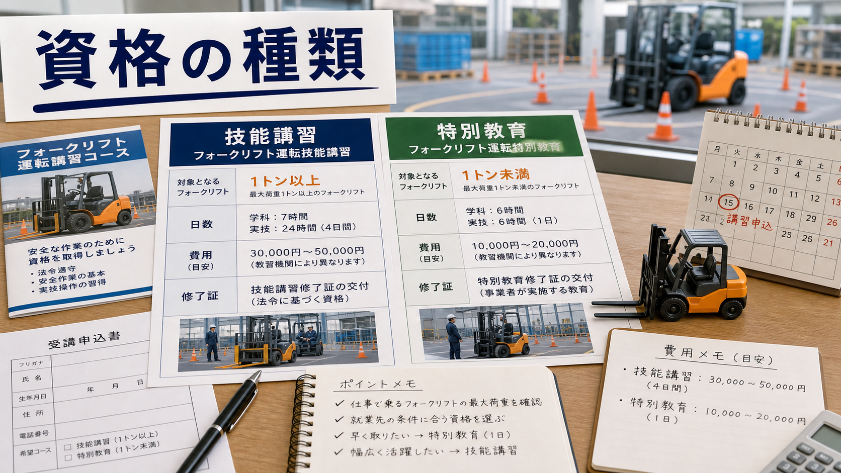 第2章「フォークリフト資格の種類と取得方法を比較する」の要点を整理したインフォグラフィック。技能講習と特別教育の違いを比較表形式で図解。費用・日数・対応荷重・修了試験の有無を横並びで比較し、どちらを選ぶべきか判断しやすくする。