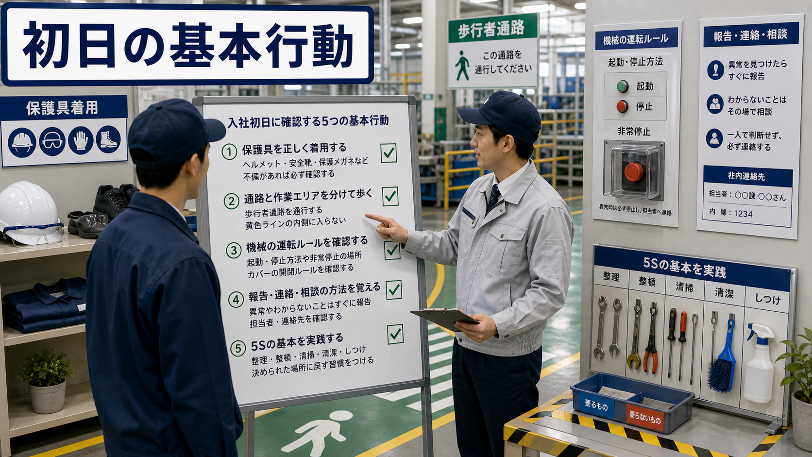 第2章「入社初日に確認する5つの基本行動」の要点を整理したインフォグラフィック。保護具・通路・機械・報告・5Sの5領域を一覧で示し、工場勤務の初日に確認すべき基本行動を整理した基本行動マップ