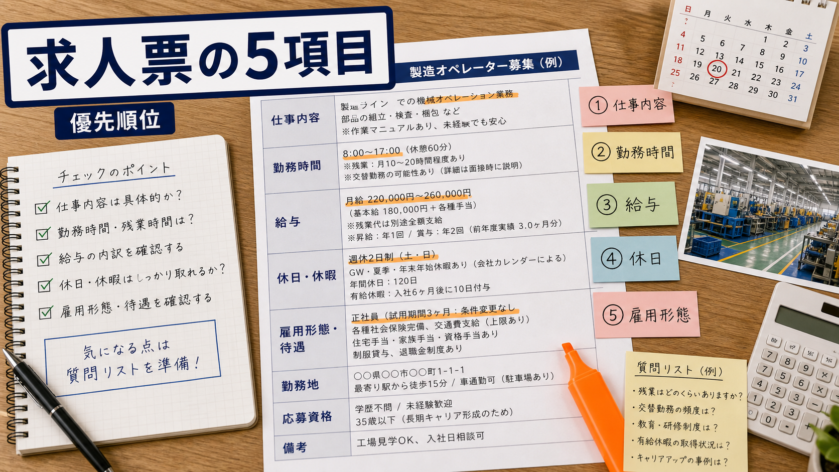 第2章「求人票で最初に見るべき5つの項目と優先順位」の要点を整理したインフォグラフィック。求人票の5項目（仕事内容・勤務時間・給与・休日・雇用形態）を確認順に並べたフロー図と、各項目で見落としやすいポイントの解説