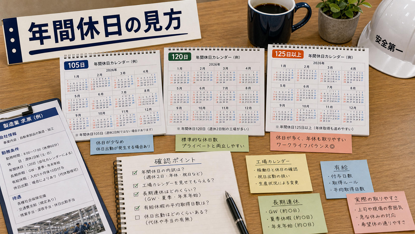 第2章「年間休日の数字だけでは分からない「休み方」の違い」の要点を整理したインフォグラフィック。年間休日105日・120日・130日の内訳比較表と、週休2日・完全週休2日の定義差、祝日や長期休暇の扱いを整理した解説