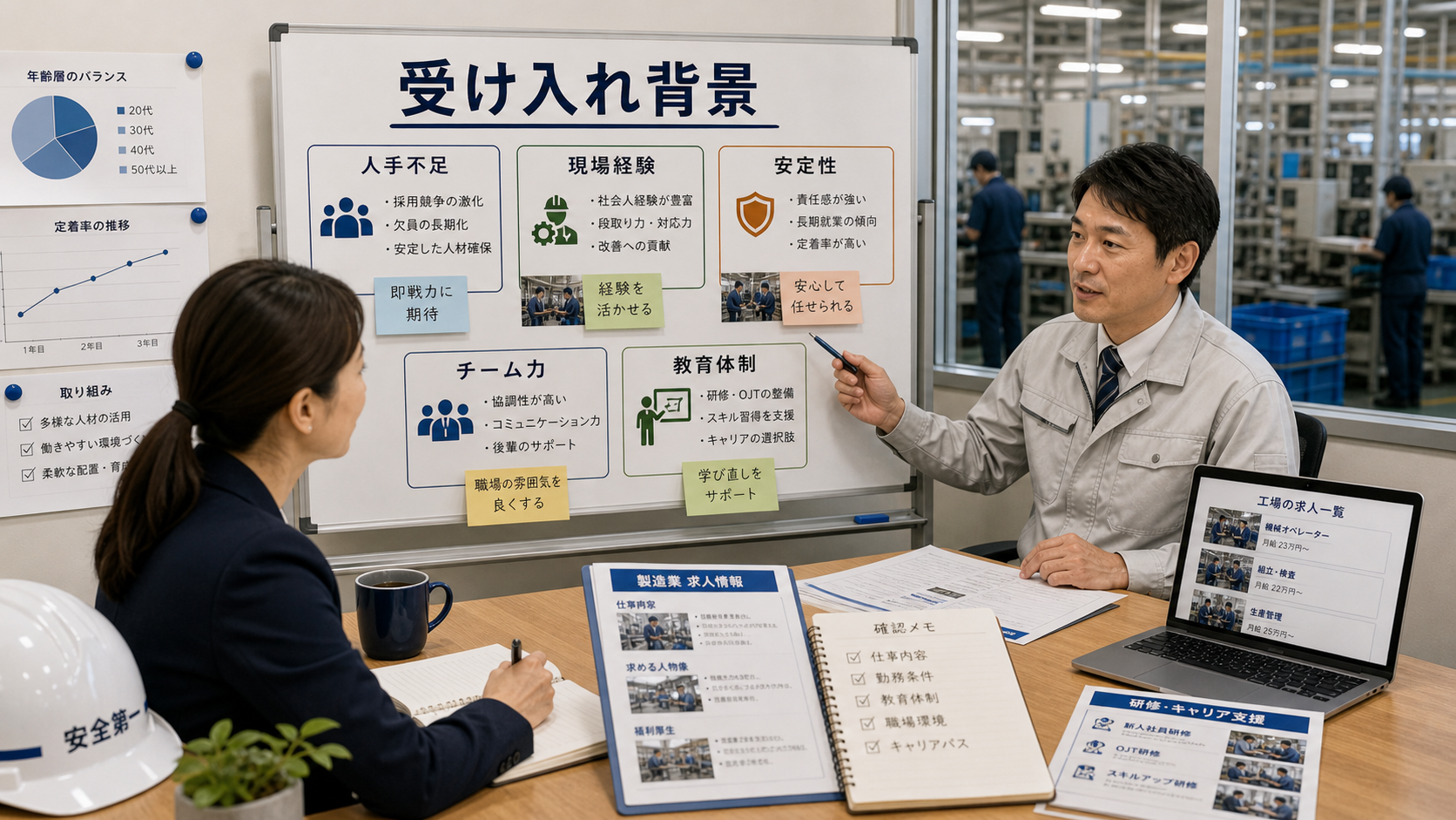 第2章「製造業が30代・40代を受け入れている背景」の要点を整理したインフォグラフィック。製造業の求人倍率や年齢別入職者数を示す横棒グラフ風のインフォグラフィック。データ出典を下部に小さく記載