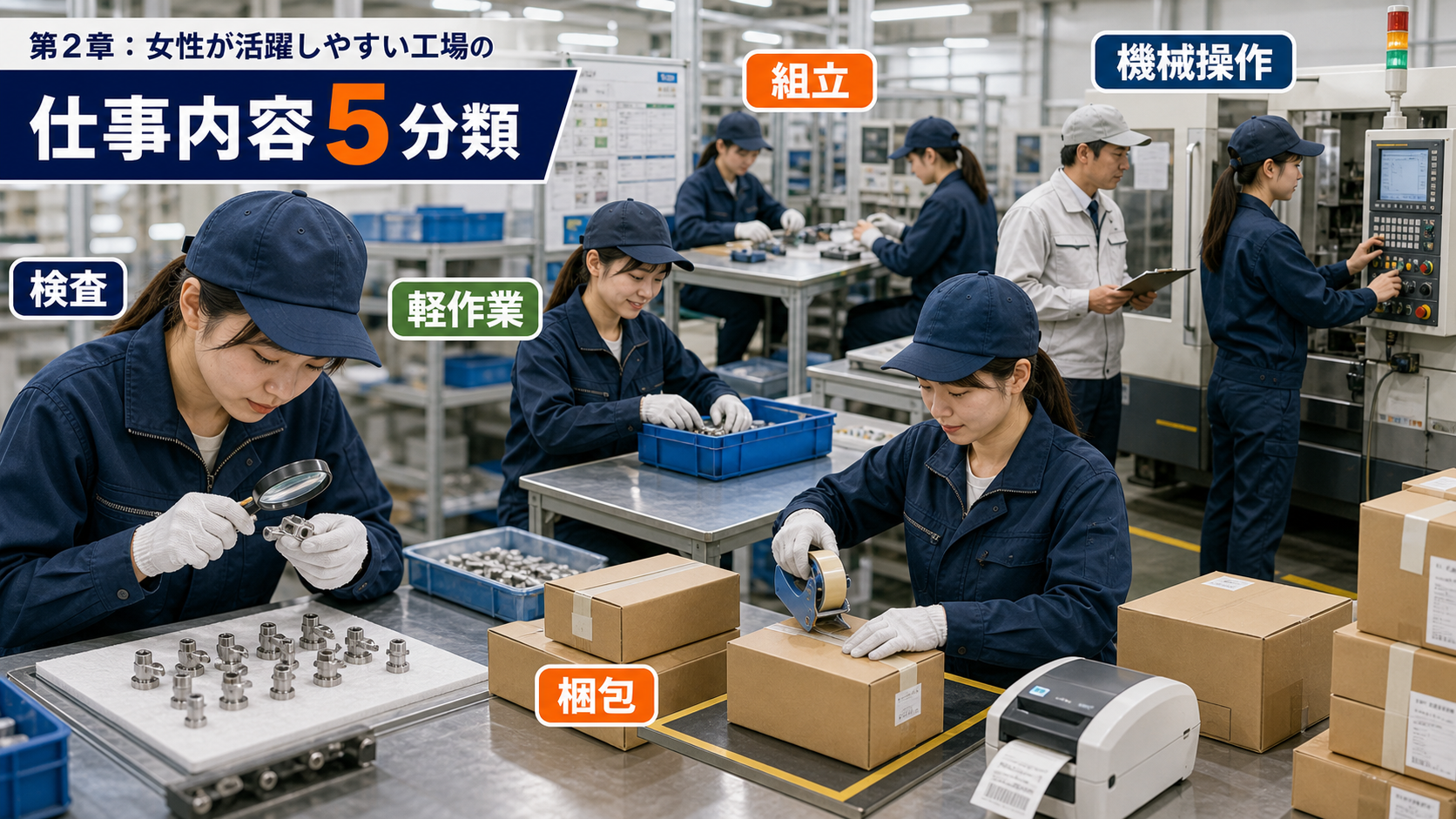 第2章「女性が活躍しやすい工場の仕事内容5分類」の要点を整理したインフォグラフィック。検査・軽作業・梱包・組立・機械オペレーターの5分類を作業負荷・求められるスキル・向いている人の傾向で比較する図解表