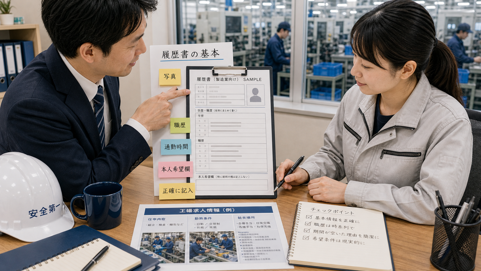 第2章「製造業向け履歴書の基本フォーマットと記入ルール」の要点を整理したインフォグラフィック。履歴書フォーマットの各欄にポイントを吹き出しで示した図解。写真欄・職歴欄・本人希望欄にそれぞれ製造業向けの注意点を配置する。
