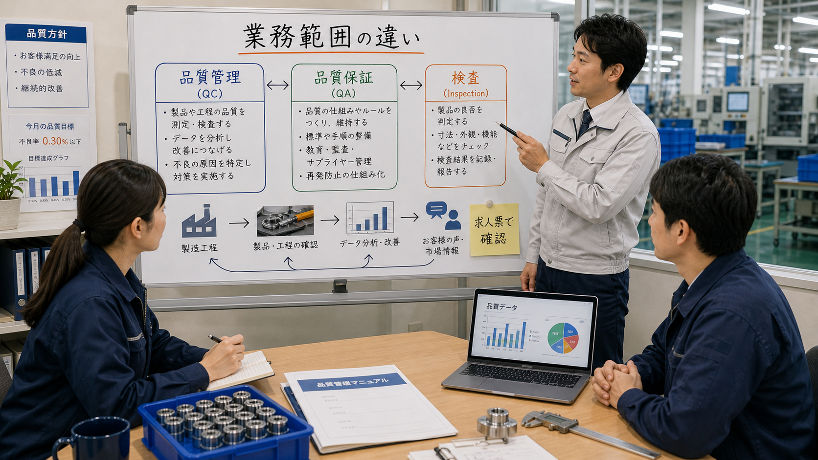 第2章「品質管理の業務範囲と検査との違い」の要点を整理したインフォグラフィック。品質管理・品質保証・検査の3つの職種の業務範囲をベン図風に示し、重なりと独自領域を視覚化する図解。