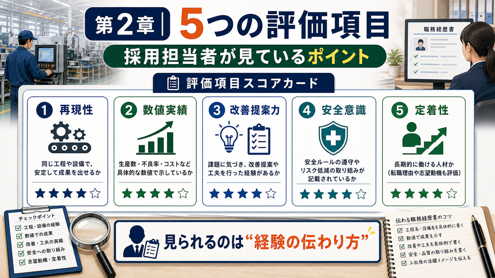 第2章「採用担当者が職務経歴書で見ている5つの評価項目」の要点を整理したインフォグラフィック。製造業の採用担当者が職務経歴書で評価する再現性・数値実績・改善提案力・安全意識・定着性の5項目を具体的な判断基準と記載例で解説
