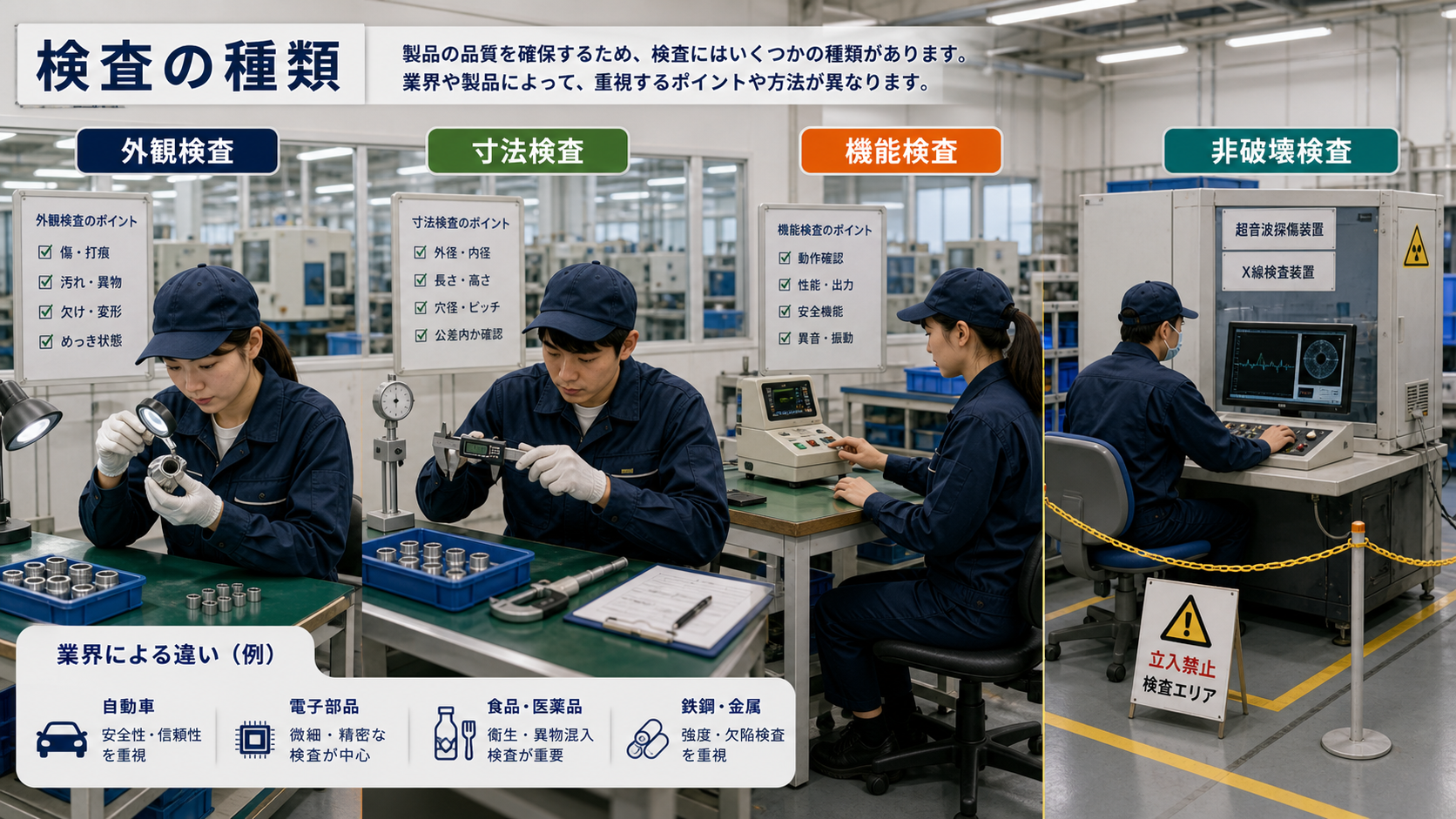 第2章「検査の種類と作業内容の違い」の要点を整理したインフォグラフィック。外観検査・寸法検査・機能検査・非破壊検査の4分類を道具・作業姿勢・スキル・難易度で比較し、業界別の特徴と未経験者が入りやすいタイプを整理した図解