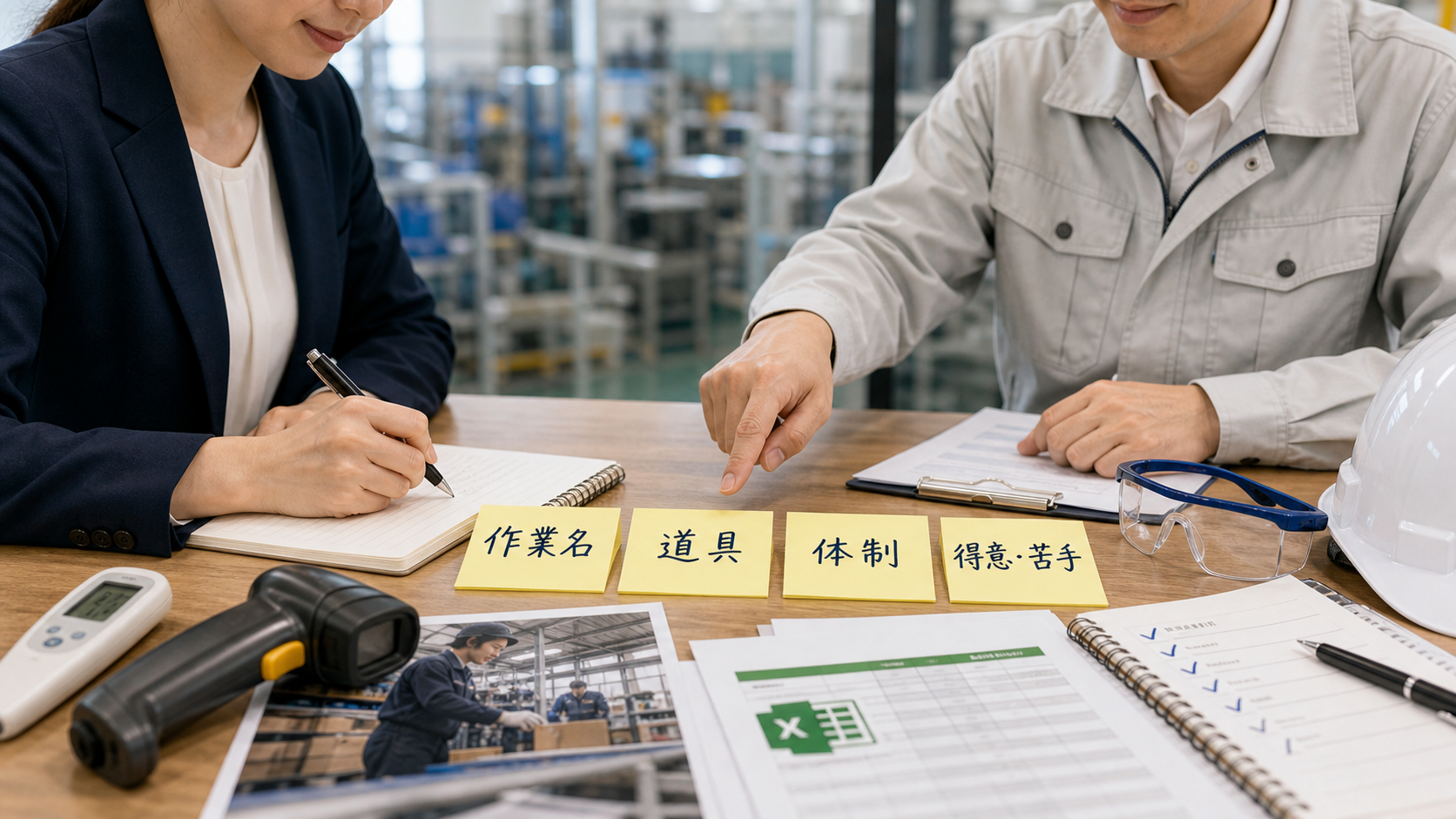 第2章「経験の棚卸し：前職で何をしていたかを言語化する」の要点を整理したインフォグラフィック。経験棚卸しシートの記入例。作業名・道具・体制・得意/苦手の4列テーブルに2〜3行の記入サンプルを入れたワークシート風