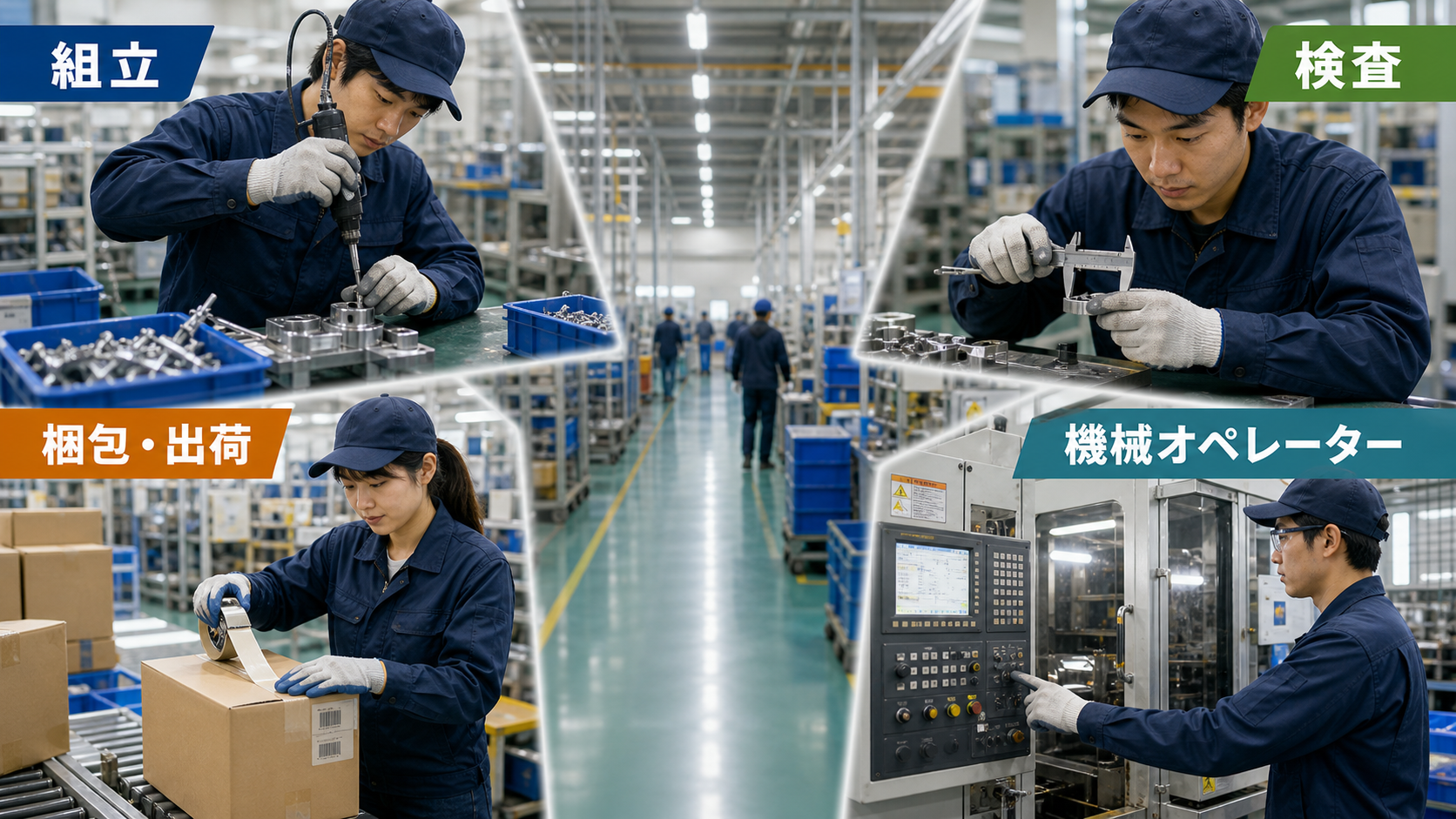 第2章「製造業の主な仕事内容と未経験者が担当しやすい工程」の要点を整理したインフォグラフィック。組立・検査・梱包・部品加工の4工程について作業内容・体の使い方・未経験者の始めやすさを比較した解説図