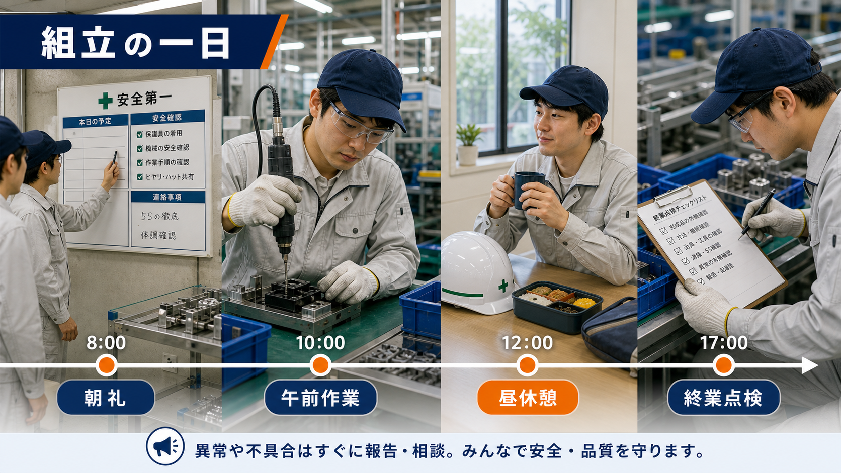 第2章「組立作業の一日の流れ ─ 朝礼から退勤まで」の要点を整理したインフォグラフィック。日勤モデル（8:00〜17:00）を軸に、朝礼・安全確認から午前作業・昼休憩・午後作業・終業点検・退勤までのタイムラインを時間帯付きで解説。品質チェックや異常報告のタイミングも図示し、組立の一日をリアルにイメージできる構成。