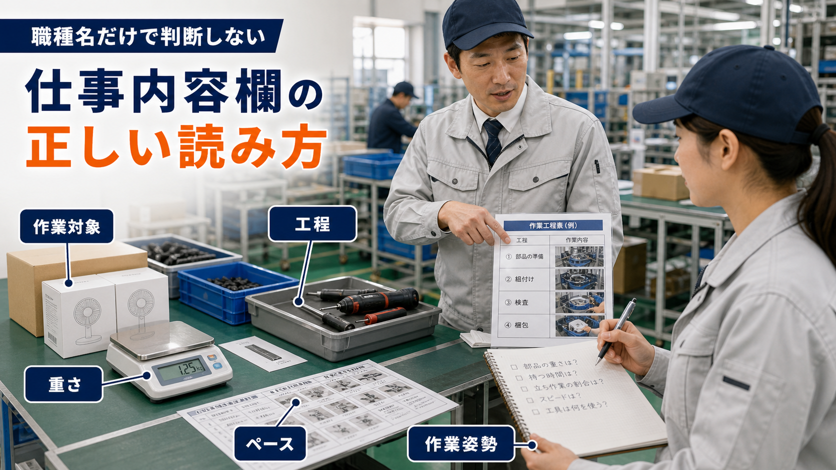 第2章「求人票の仕事内容欄を正しく読む方法」の要点を整理したインフォグラフィック。求人票に「検査」「組立」「梱包」と並んでいても、扱う製品や工程によって実際の作業はまったく異なります。職種名だけで判断すると、入社後に「想像と違った」と感じる原因になりかねません。ここでは仕事内容欄で確認すべきポイントを整理し、自分の体力や適性と照合できるようにします。