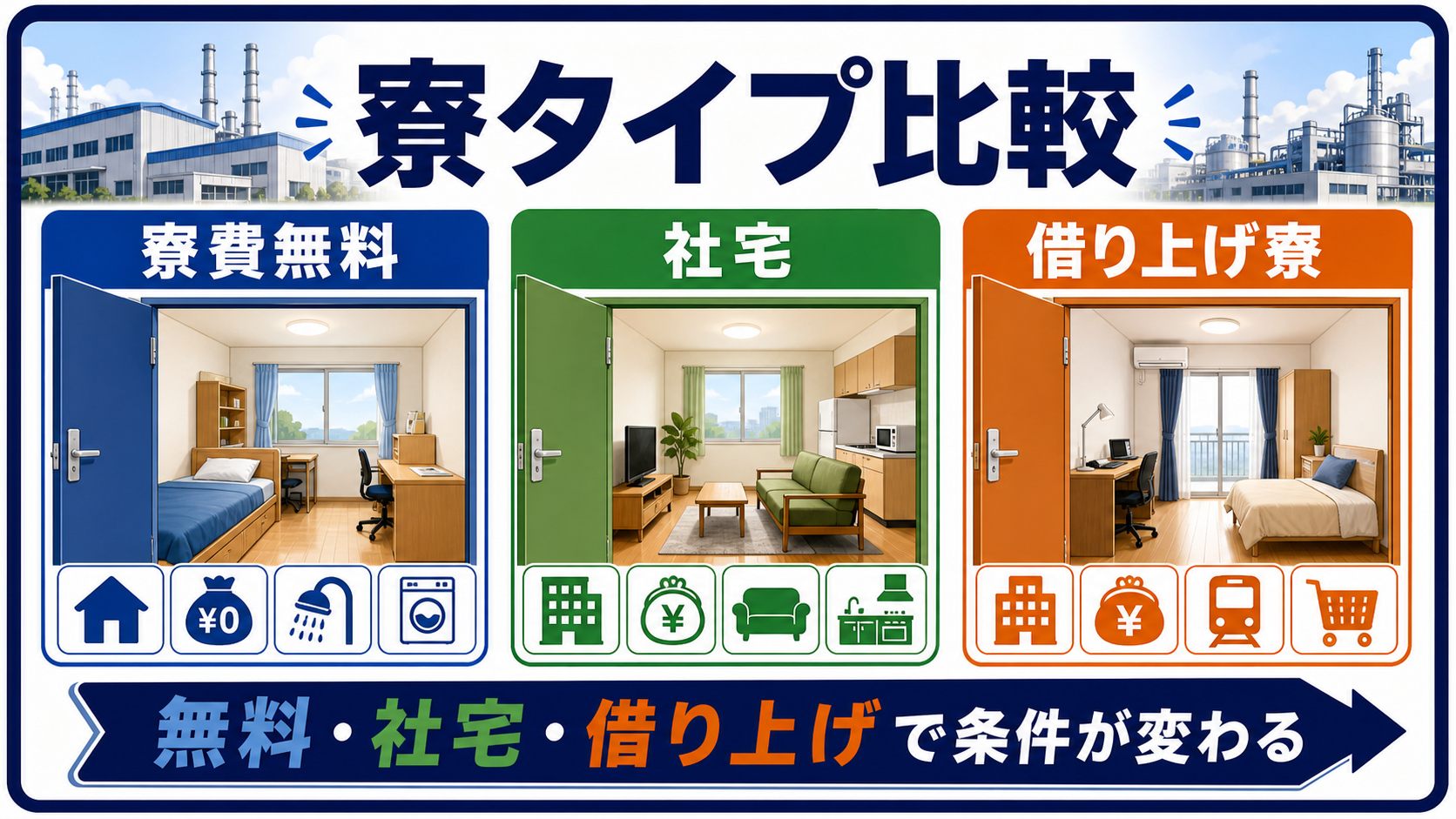 寮費無料・社宅・借り上げ寮の違いを比較する図解