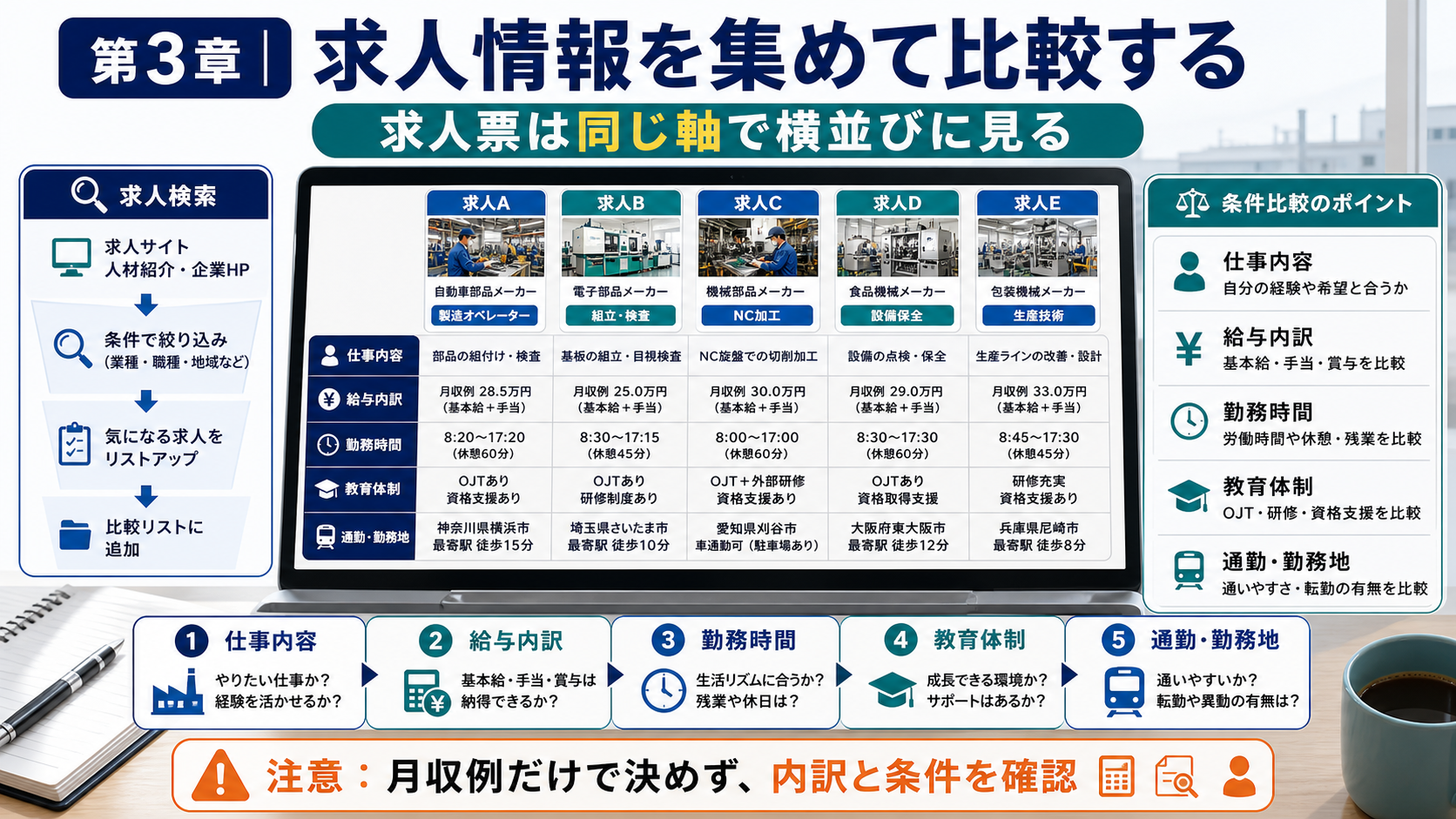 第3章「ステップ2｜求人情報の集め方と比較の判断基準」の要点を整理したインフォグラフィック。求人票の5つの確認項目（仕事内容・月収例の内訳・勤務時間とシフト・教育体制・比較表の作り方）を解説し、複数求人を同じ基準で比較する判断フレームを提供する図