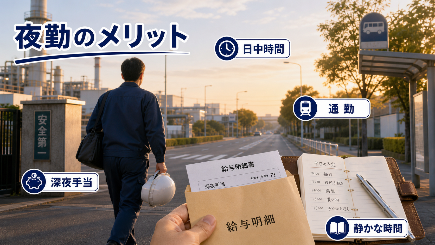 第3章「夜勤のメリットを正しく理解する」の要点を整理したインフォグラフィック。深夜手当の割増イメージを棒グラフ的に示し、日中の自由時間や通勤ラッシュ回避など夜勤の代表的メリットを根拠とともに整理した図