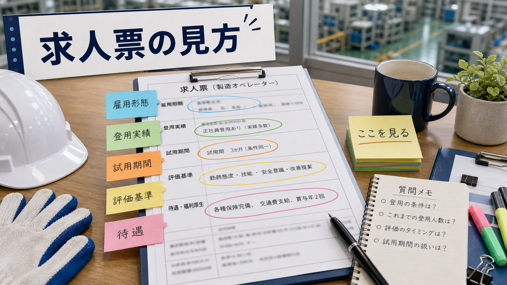 第3章「求人票の読み方──正社員登用の可能性を見分ける5つの確認欄」の要点を整理したインフォグラフィック。求人票のイメージ図に5つの確認欄（雇用形態、登用実績、試用期間、評価基準、待遇差）をハイライトした図解