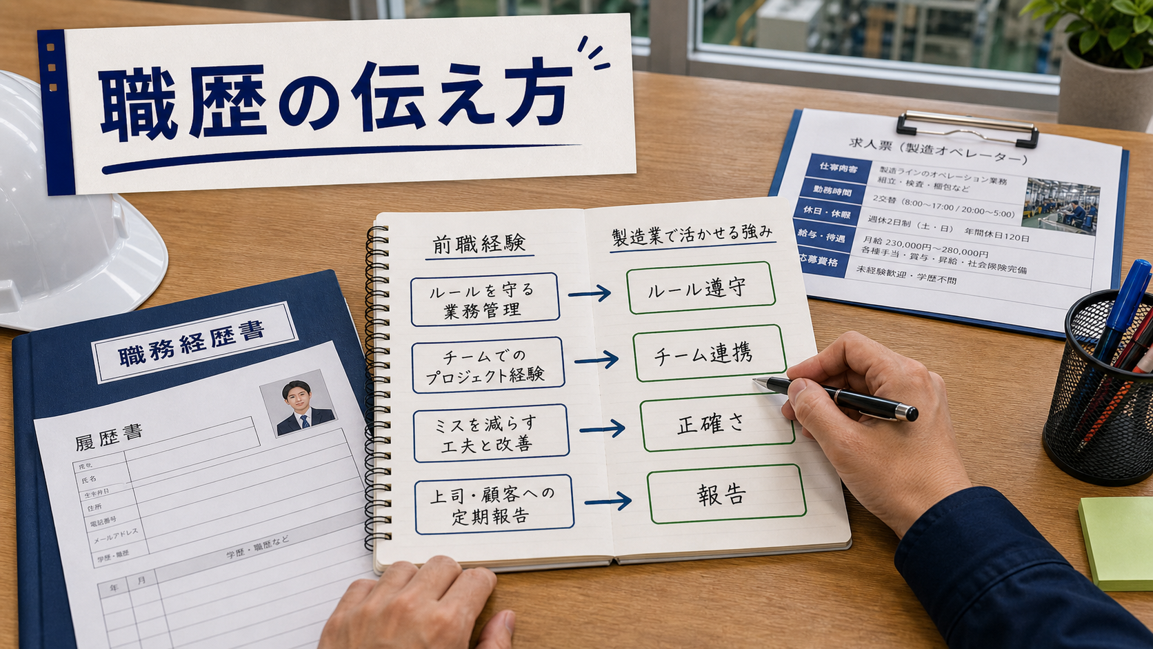 第3章「前職・職歴についての質問と製造業に活かせる経験の伝え方」の要点を整理したインフォグラフィック。異業種の経験を製造業で評価される4要素（ルール遵守・チーム連携・正確さ・報告）に変換する対応図と業種別の回答例
