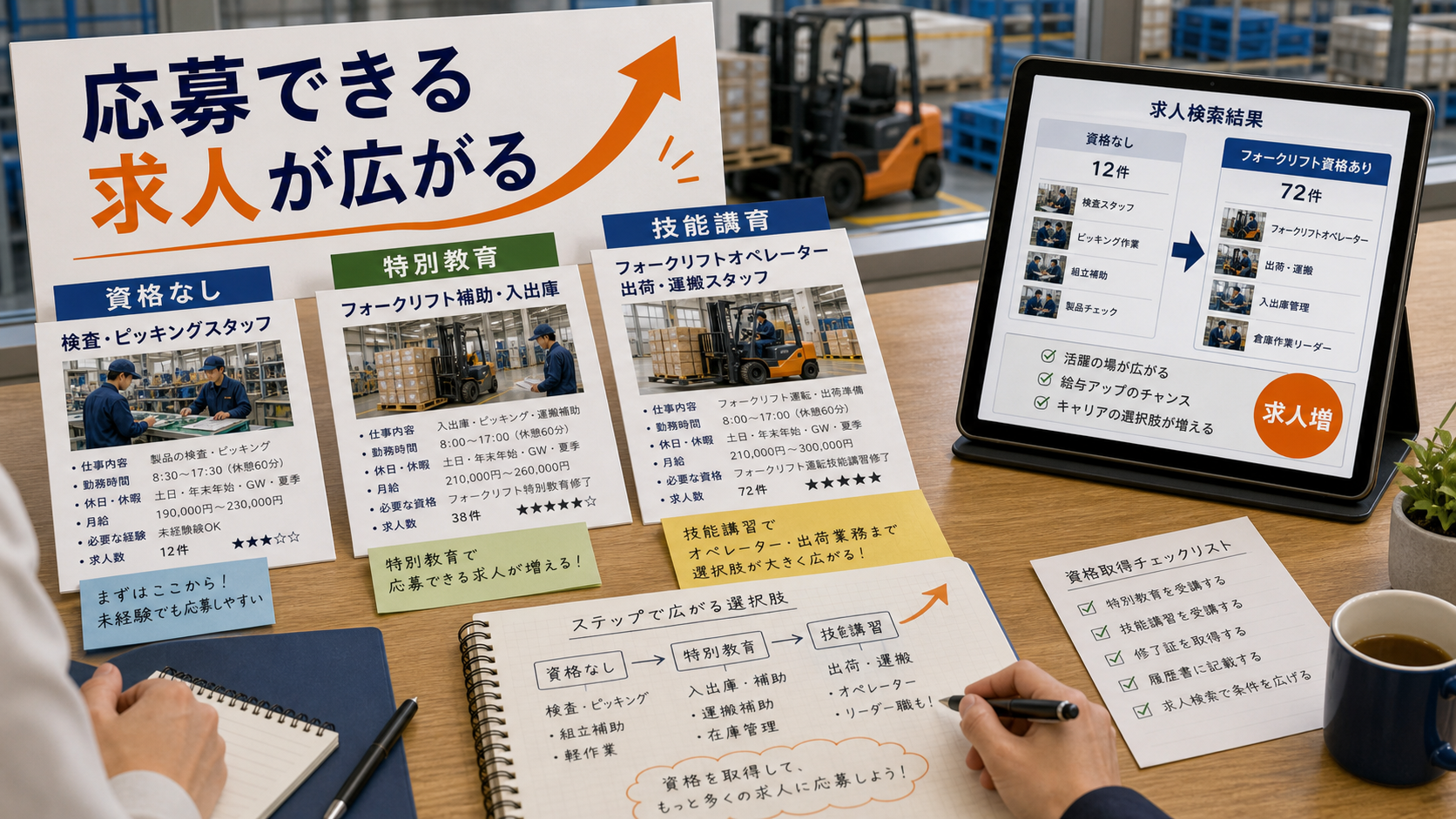 第3章「資格を取ると応募できる求人がどう変わるか」の要点を整理したインフォグラフィック。資格なし・特別教育・技能講習の3段階で応募可能な求人範囲が広がる様子を階段状に図解。各段階で対応できる業務例と求人票の読み方を解説。