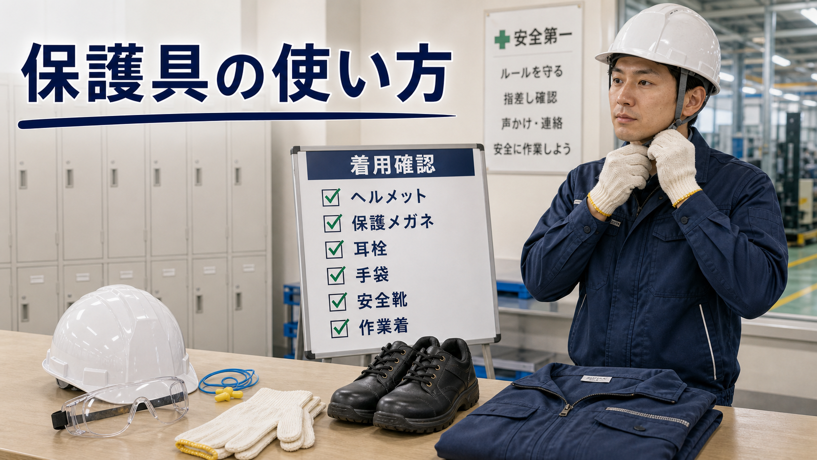 第3章「保護具の種類と正しい使い方」の要点を整理したインフォグラフィック。主要保護具の種類・用途・着用チェックリストを一覧で示す図