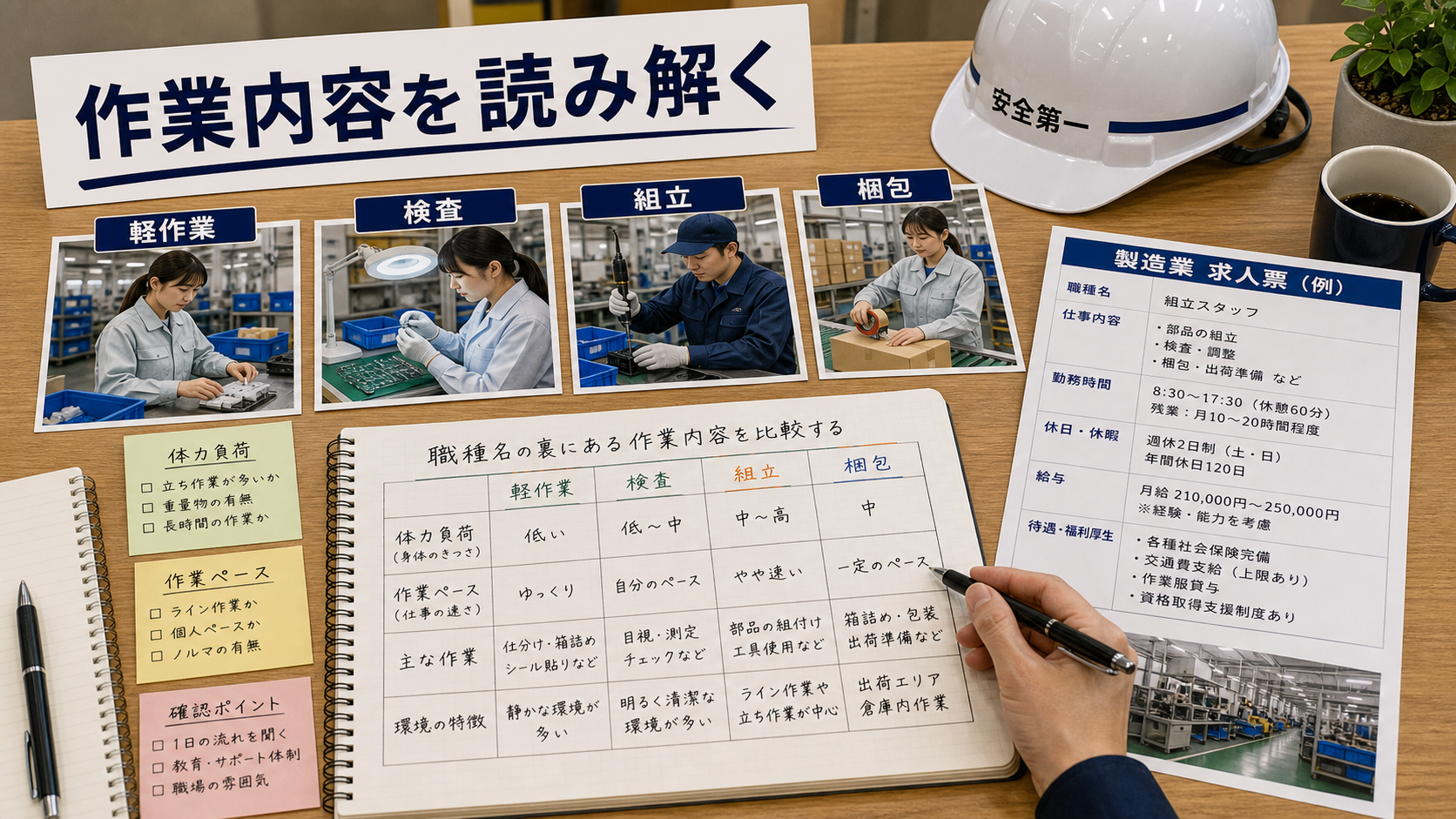 第3章「職種名の裏にある作業内容を読み解く方法」の要点を整理したインフォグラフィック。軽作業・検査・組立・梱包の4職種を作業内容・体力負荷・作業ペース・環境の4軸で比較した表と、ライン作業・セル作業の違いの解説