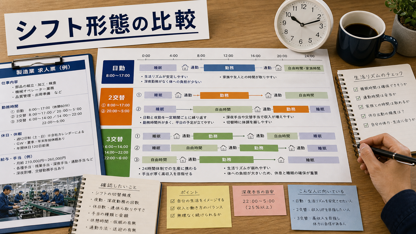 第3章「日勤固定・二交替・三交替──シフト形態の基本と生活リズム」の要点を整理したインフォグラフィック。日勤固定・二交替・三交替の勤務時間帯・切替周期・メリットと注意点を比較表と1週間モデルで解説し、生活リズムとの相性判断を支援する図解