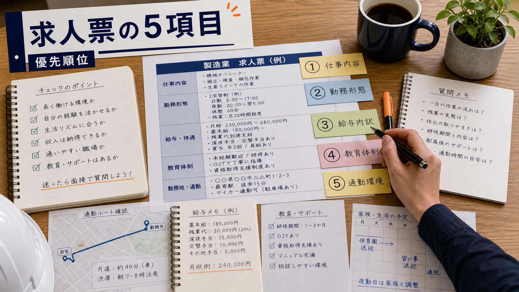 第3章「求人票で最初に見るべき5項目と優先順位」の要点を整理したインフォグラフィック。求人票の5項目チェックリストを中心に据えたフラットデザイン。仕事内容・勤務形態・給与内訳・教育体制・通勤環境の各項目にアイコン（工具、時計、円マーク、ノート、地図ピン）を配置