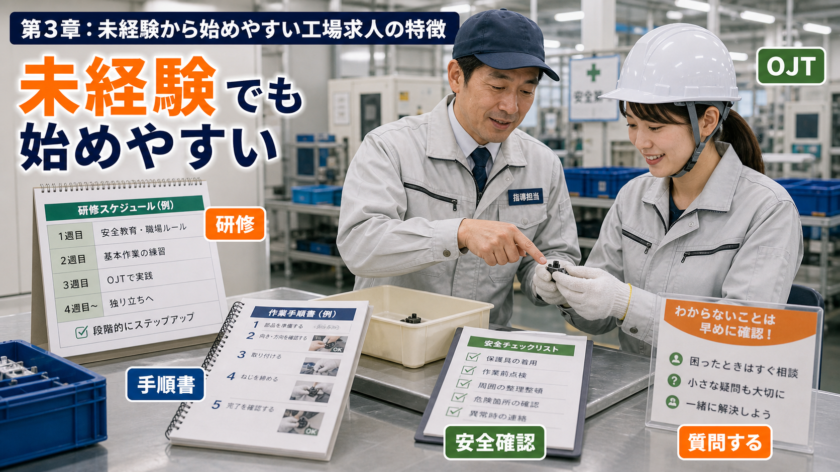 第3章「未経験から始めやすい工場求人の特徴」の要点を整理したインフォグラフィック。研修の流れを時系列で示す図解。初日→1週目→2週目→1か月目の4ステップで、各段階の学習内容を記載
