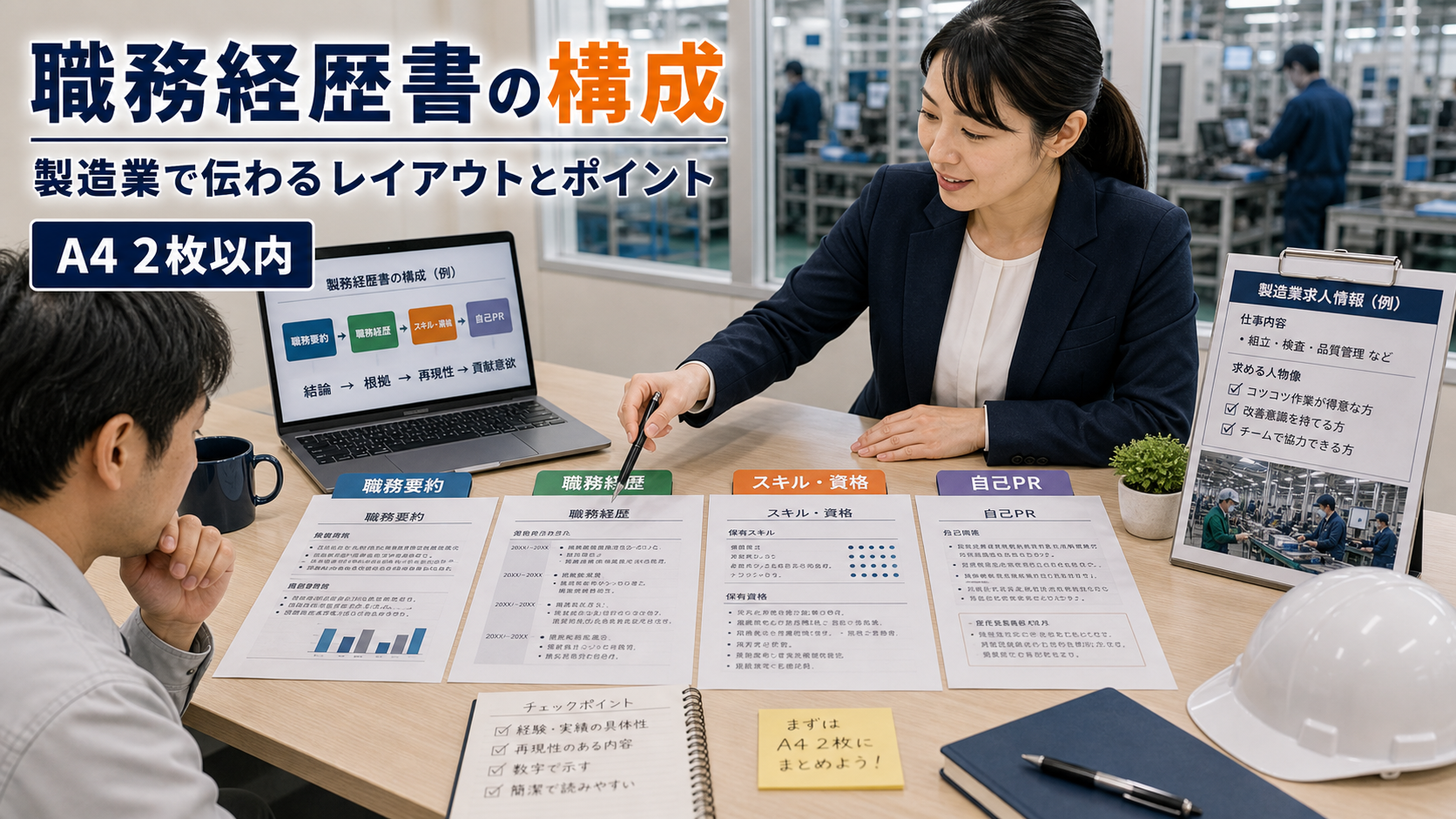 第3章「職務経歴書の構成と製造業で伝わるレイアウト」の要点を整理したインフォグラフィック。職務経歴書の4ブロック構成（職務要約・職務経歴・スキル・自己PR）をレイアウト図で示し、編年体とキャリア式の比較や各ブロックの分量比率を視覚化する。