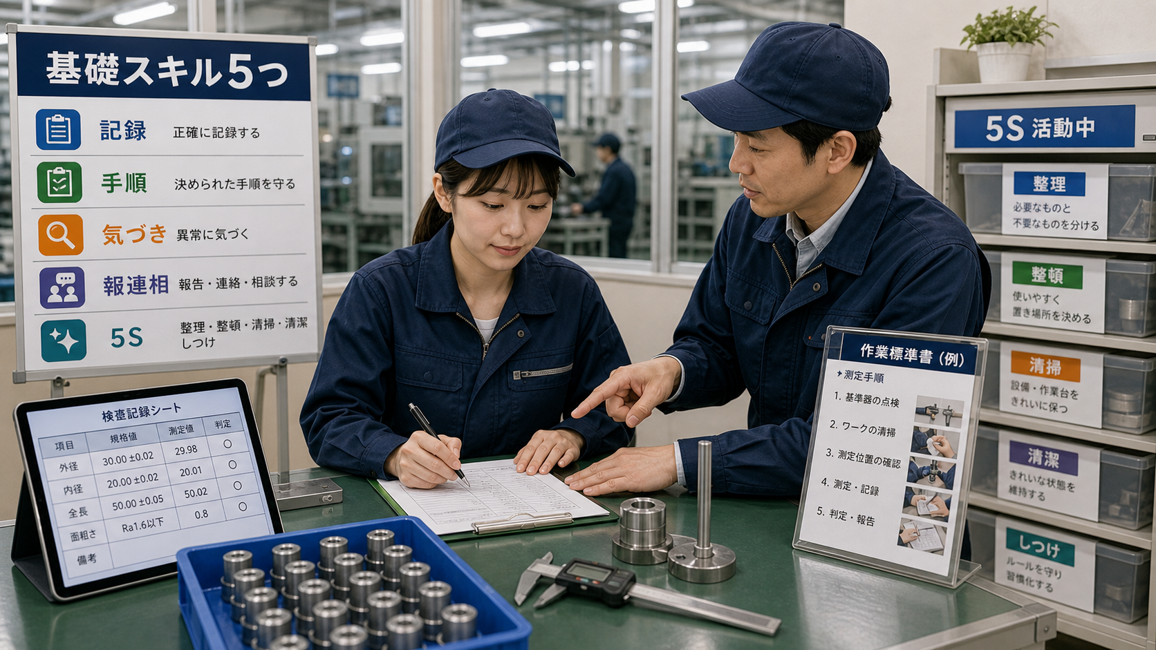 第3章「未経験から身につけられる基礎スキル5つ」の要点を整理したインフォグラフィック。5つの基礎スキル（記録・手順・気づき・報告・5S）をアイコン付きリストで並べ、入社初日から取り組める順番を示す図解。