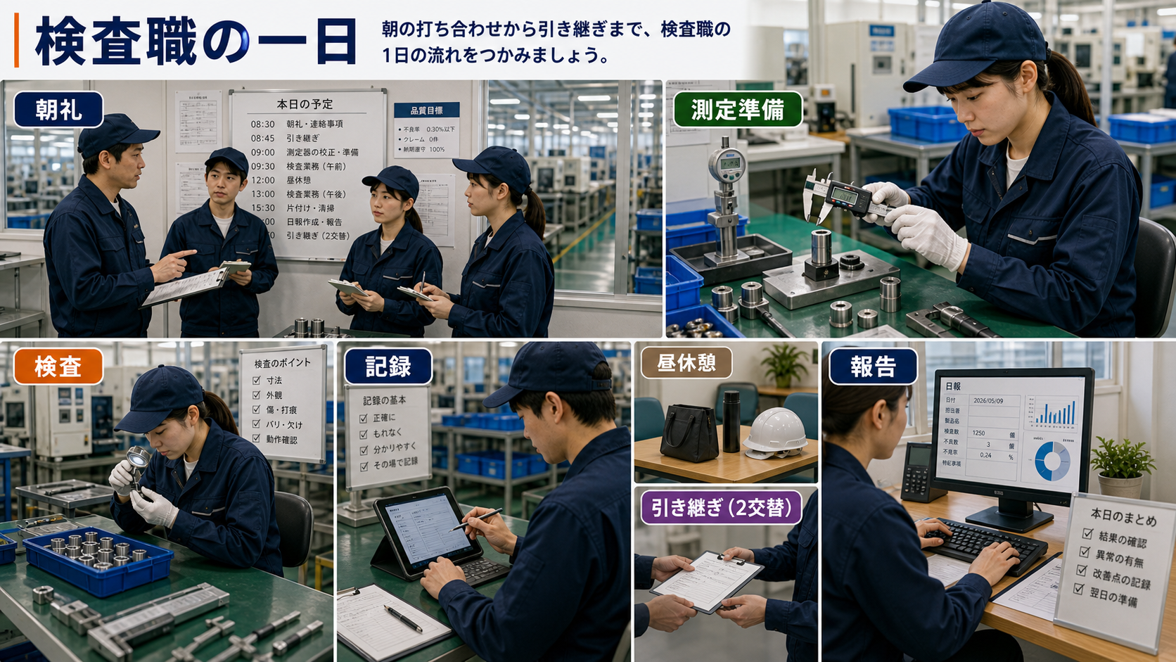 第3章「検査職の一日の流れ」の要点を整理したインフォグラフィック。日勤と交替勤務（2交替）の2パターンで検査職の一日を時間帯入りタイムラインで比較し、検査作業・記録・清掃・報告など付帯業務の流れを具体的に示した図解