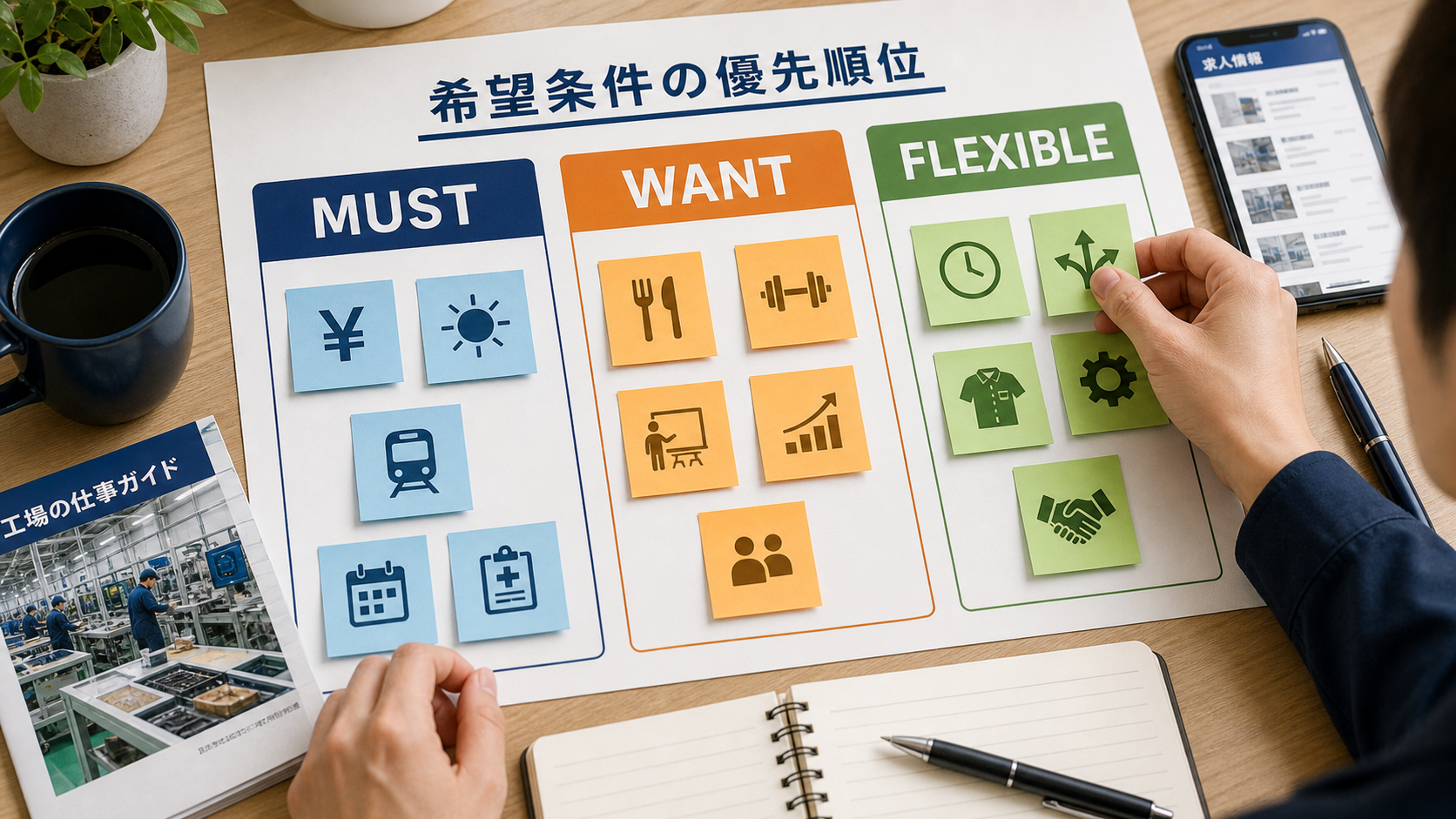 第3章「希望条件の優先順位を決める」の要点を整理したインフォグラフィック。MUST・WANT・FLEXIBLEの3段階マトリクス。給与・勤務時間・通勤・休日・教育体制などの条件を3列に分類した表