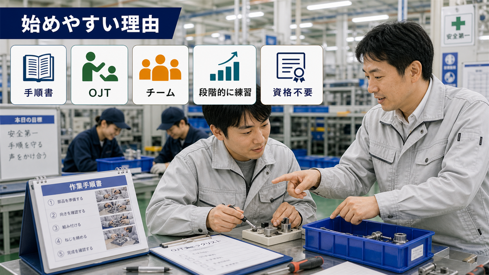 第3章「工場未経験でも始めやすい5つの理由」の要点を整理したインフォグラフィック。作業手順書の整備、OJT・研修制度、チーム体制、段階的な難易度設計、資格不要の求人が多い点の5つを根拠に、組立の仕事が未経験でも始めやすい理由をリスト形式で解説するインフォグラフィック