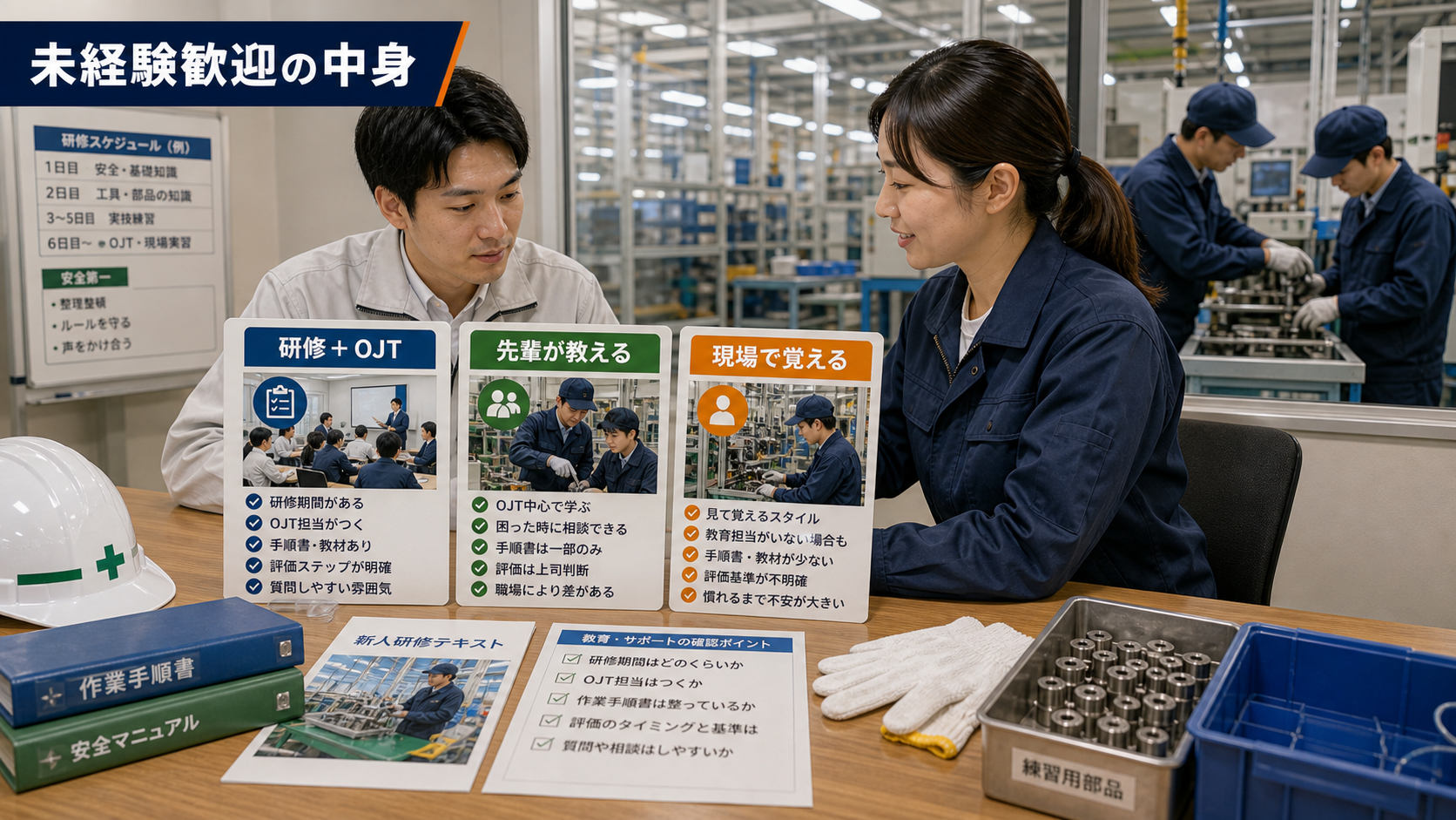 第3章「未経験者が教育体制を見極めるための確認リスト」の要点を整理したインフォグラフィック。チェックリストが印刷された紙の上に、「研修期間」「OJT担当」「マニュアル」の付箋が貼られ、ペンでチェックマークが入っている手元写真風。