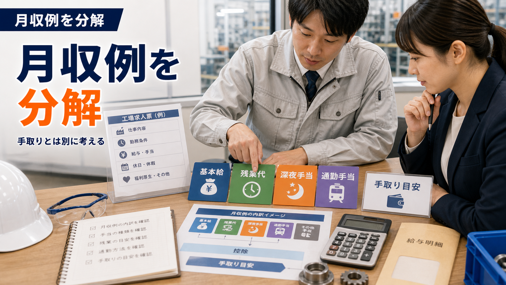 第3章「給与・月収例の内訳を分解して比較する」の要点を整理したインフォグラフィック。工場求人の月収例には「月収30万円以上可」のように目を引く数字が並びます。しかしその金額がどんな前提条件で成り立っているかを確認しないまま応募すると、入社後に「思ったより手取りが少ない」と感じる原因になります。ここでは月収例の構成要素を分解し、求人票の賃金欄を正しく読むための視点を整理します。