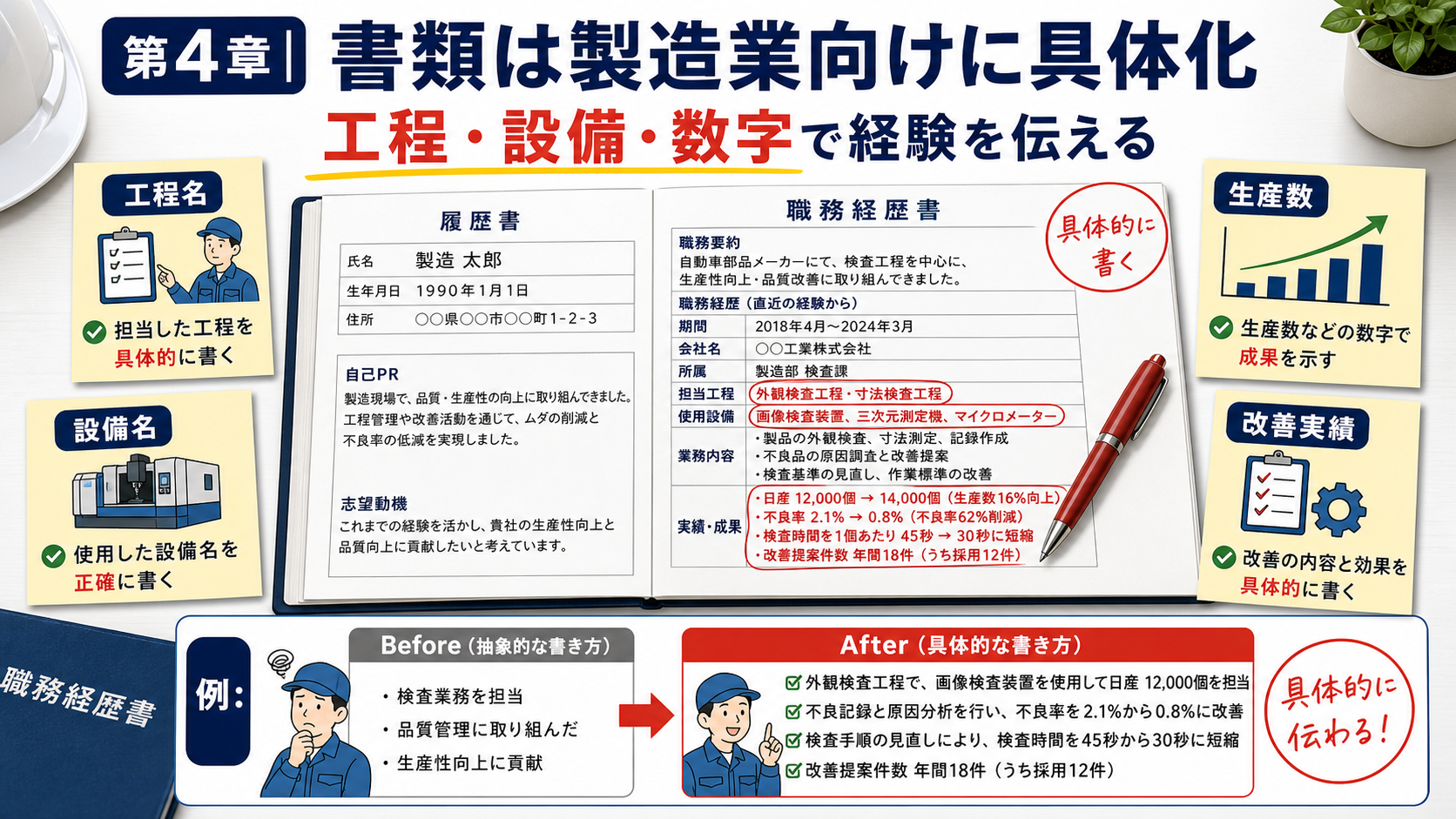 第4章「ステップ3｜製造業向け履歴書・職務経歴書の書き方」の要点を整理したインフォグラフィック。製造業の書類選考で伝わりやすくする4つの書き方ルール。職務経歴書のNG例とOK例の対比、工程名・設備名・数字での成果表現、資格の正式名称記載、志望動機のカスタマイズ方法を解説