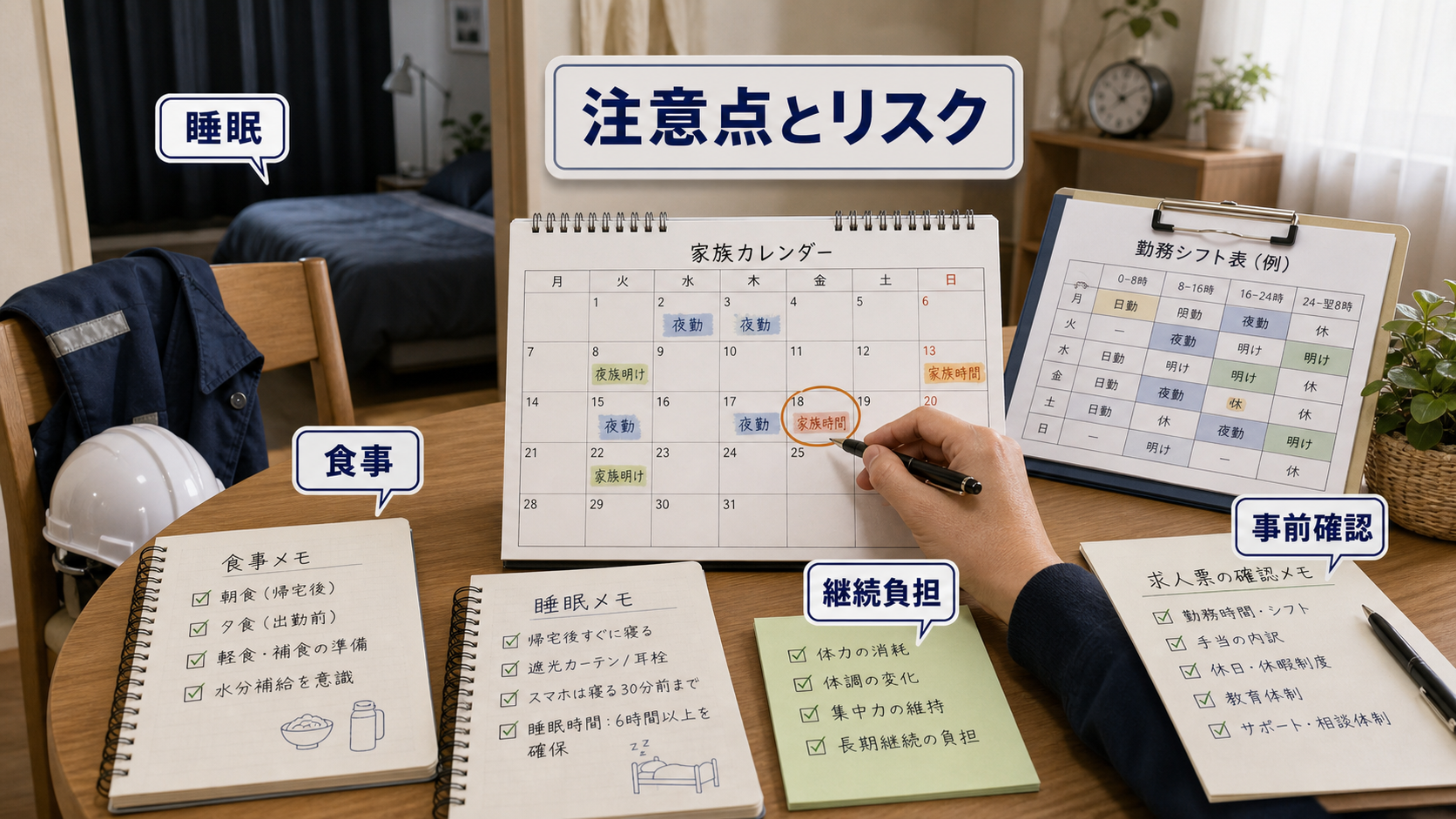 第4章「夜勤の注意点とリスクを見落とさない」の要点を整理したインフォグラフィック。メリットと注意点を天秤で対比させた図。左に収入・自由時間、右に睡眠・家族時間を配置し、夜勤のリスクを事前に把握して判断する重要性を示す。