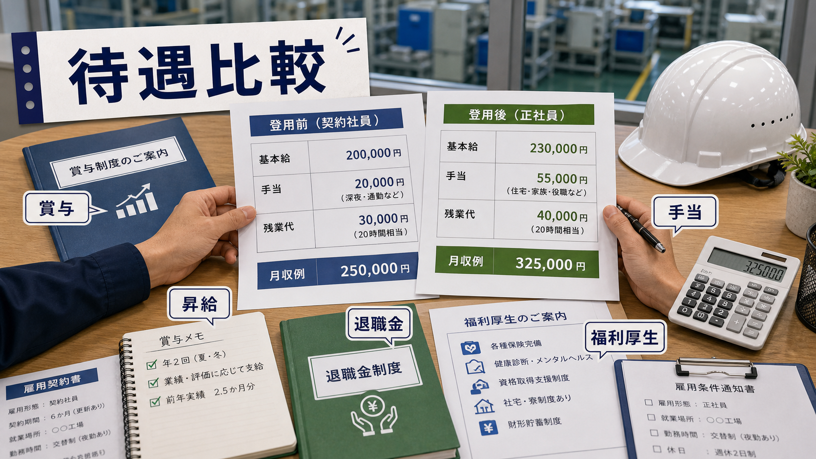 第4章「給与・待遇の比較──登用前後で何が変わるかを数字で確認する」の要点を整理したインフォグラフィック。登用前後の月収・賞与・社会保険・退職金・昇給を横並びで比較する表形式の図解