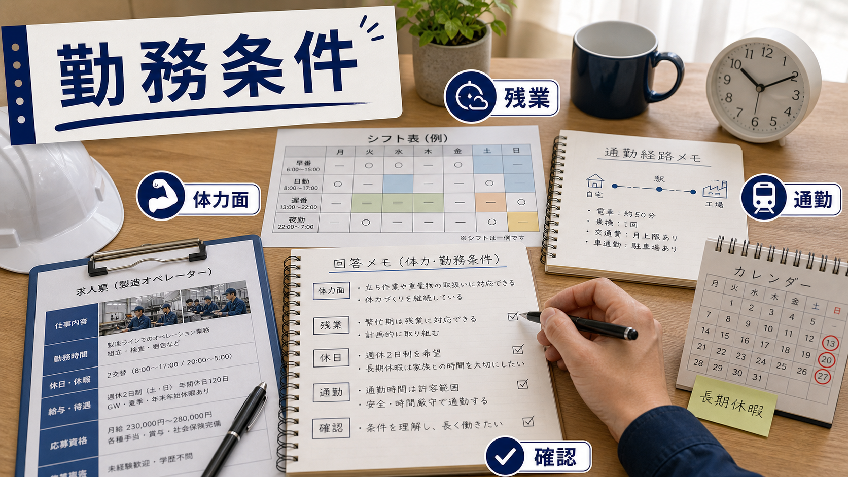 第4章「体力・勤務条件に関する質問への答え方と確認すべきポイント」の要点を整理したインフォグラフィック。体力・勤務条件の質問に対する回答の組み立て方。できること・確認したいこと・対応の姿勢の3層で整理