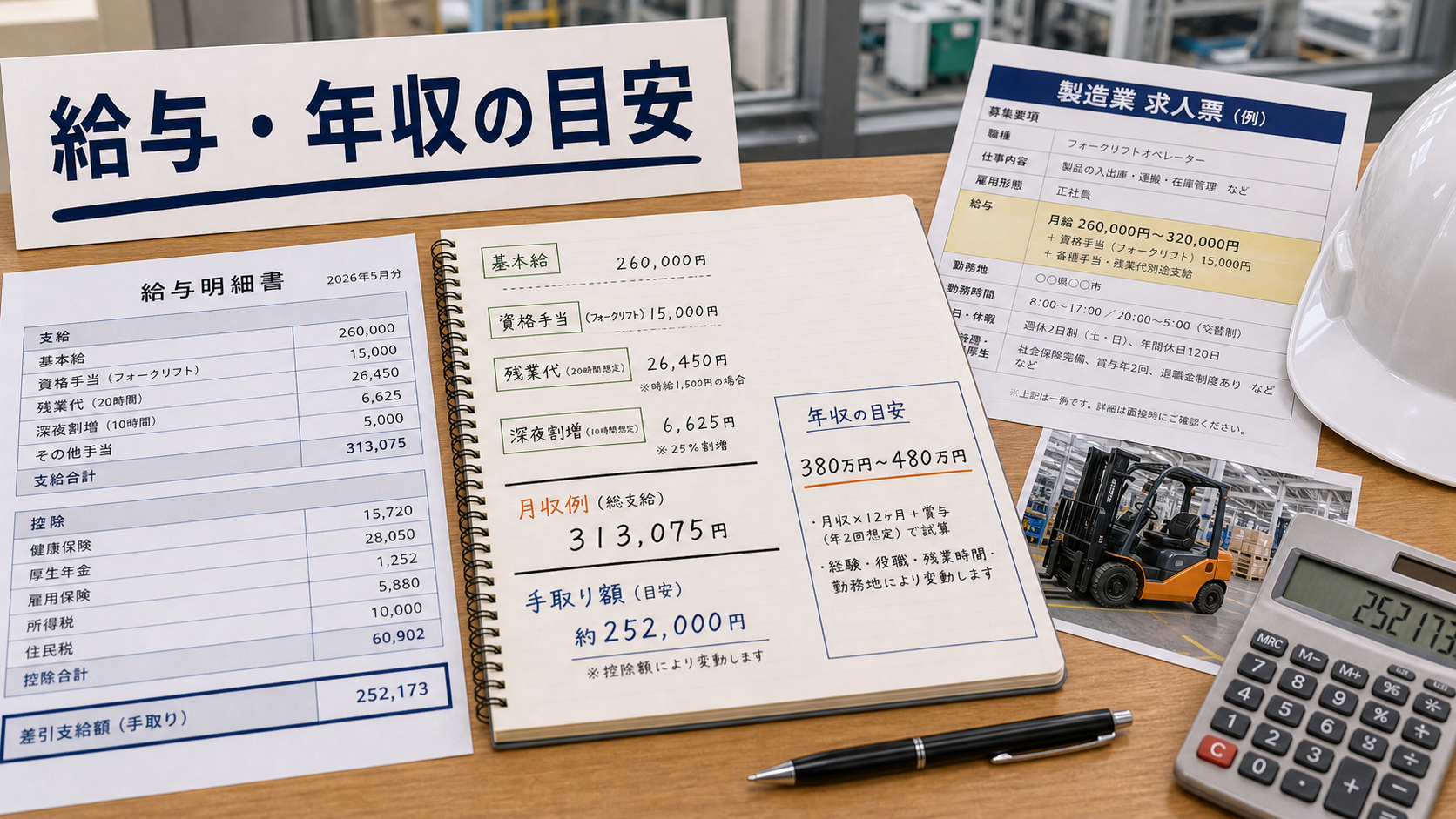 第4章「フォークリフト資格保有者の給与・年収の目安」の要点を整理したインフォグラフィック。資格手当・時給差・年収レンジを表形式で整理した図。基本給・手当・残業代の内訳を分解し、月収例の読み方を視覚的に伝える。