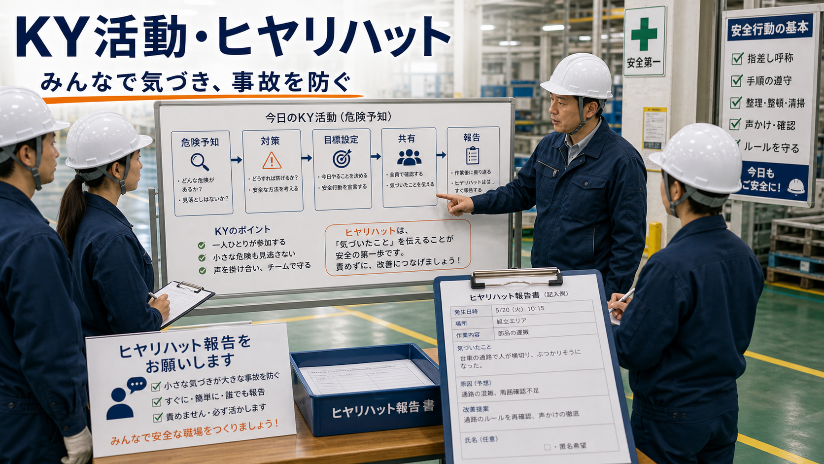 第4章「KY活動とヒヤリハット報告の進め方」の要点を整理したインフォグラフィック。KY活動の4ラウンド法の手順とヒヤリハット報告フォーマットの基本項目を図解し、未経験者が安心して参加・報告できるポイントを整理した解説