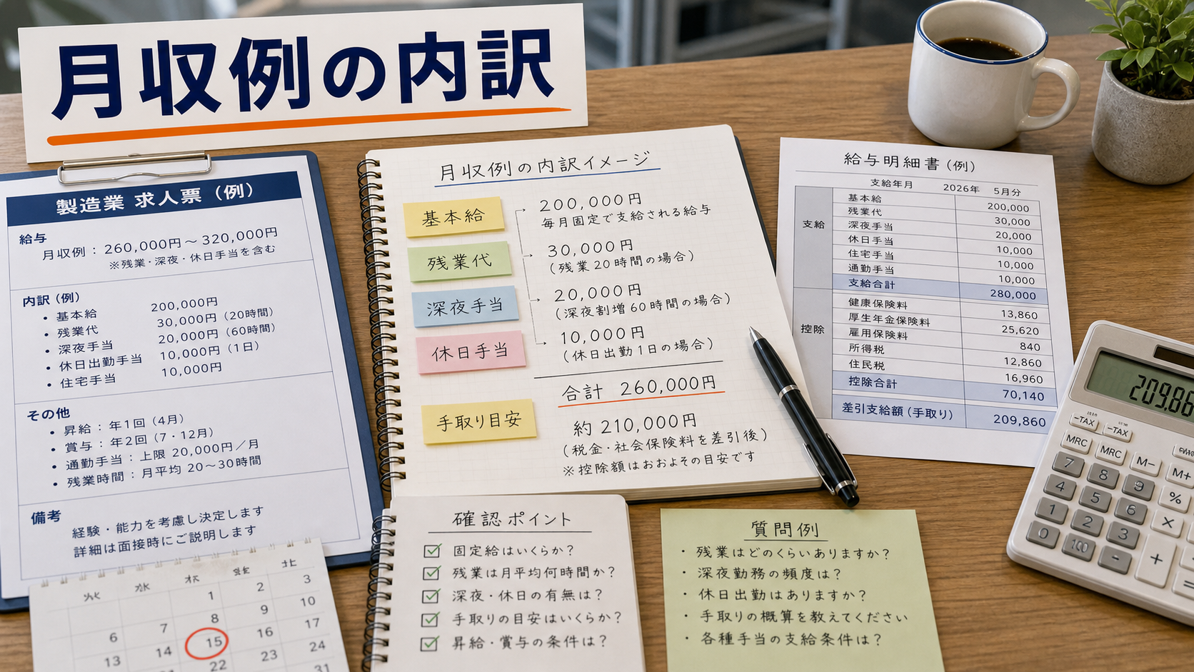 第4章「月収例・給与条件の内訳を正しく読む方法」の要点を整理したインフォグラフィック。月収例の内訳を基本給・残業代・深夜手当・休日手当に分解し、割増賃金の法定ルールとあわせて求人票の給与条件を正しく読む方法を解説する図解