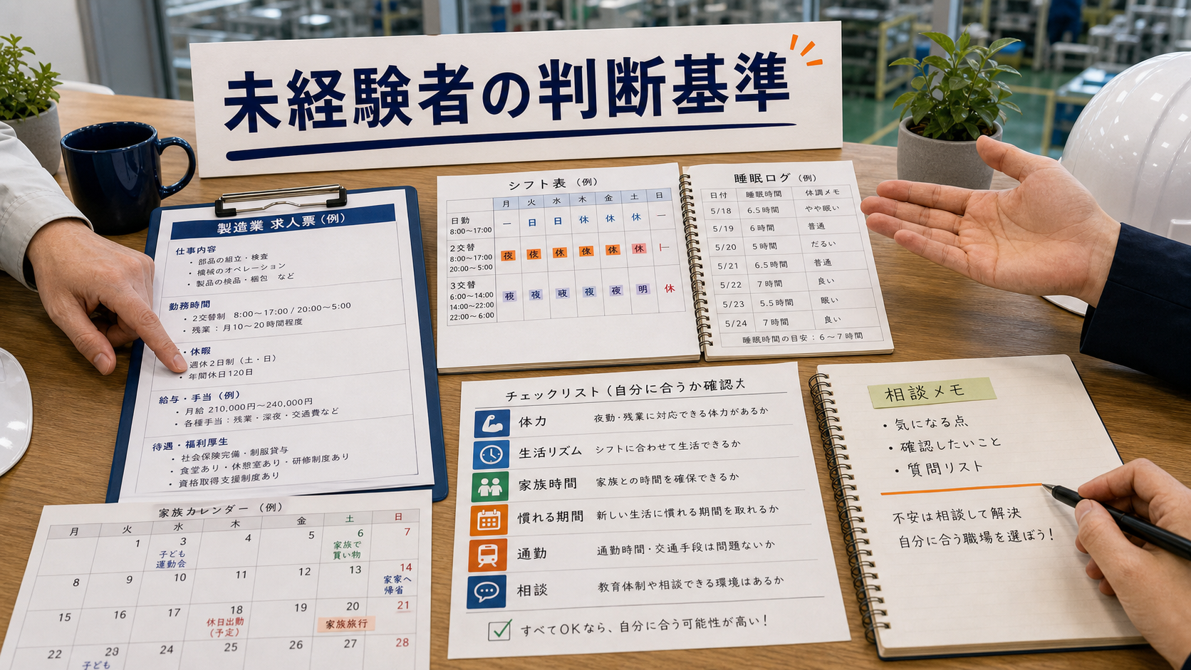 第4章「未経験者がシフト勤務を選ぶときの判断基準」の要点を整理したインフォグラフィック。チェックリスト用紙とペンを持つ手元のイメージ。背景に工場の休憩室を薄く配置し、未経験者が自己チェックしている場面を表現