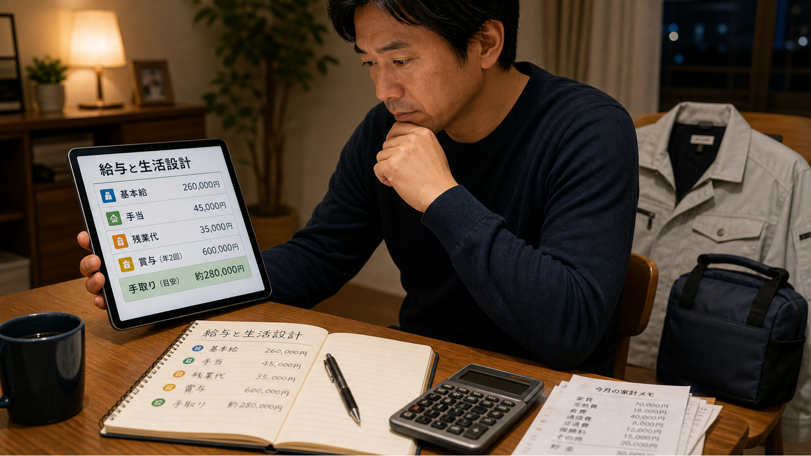 第4章「月収例・年収の読み方と生活設計への落とし込み」の要点を整理したインフォグラフィック。月収例の内訳を分解した棒グラフと、生活費との対比表を並べたインフォグラフィック風レイアウト