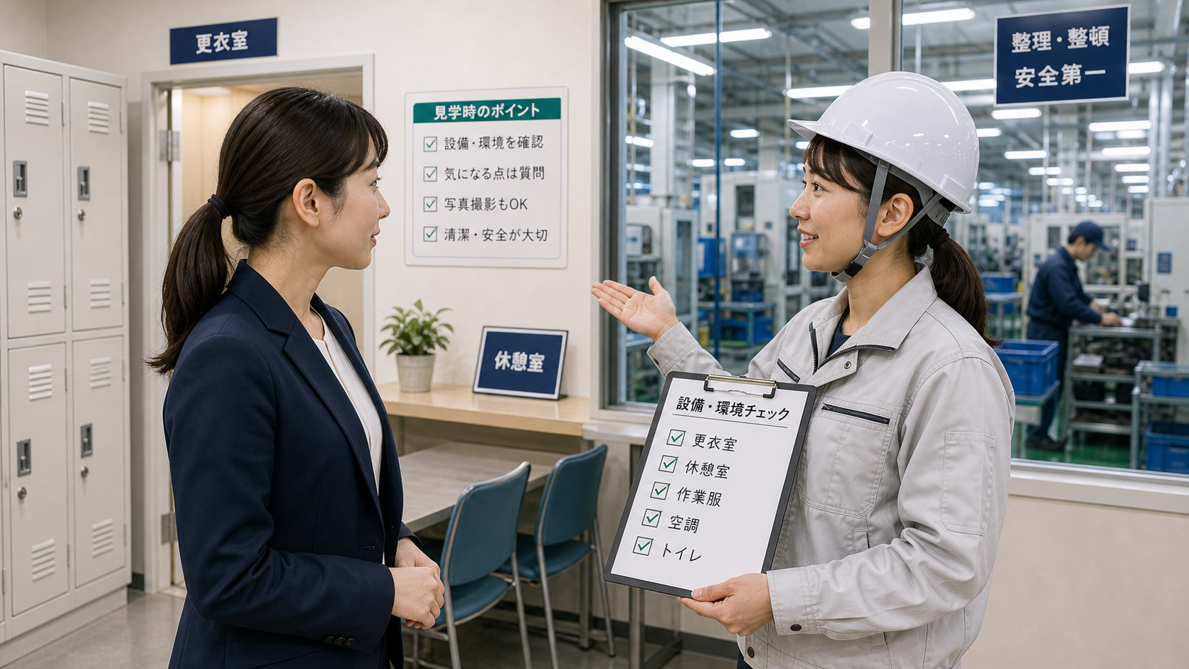 第4章「求人票で見るべき設備・環境チェックリスト」の要点を整理したインフォグラフィック。設備チェックリストを視覚化した図解。更衣室・休憩室・空調・作業服・トイレなどのアイコンを並べ、確認済み/未確認のチェック欄を配置