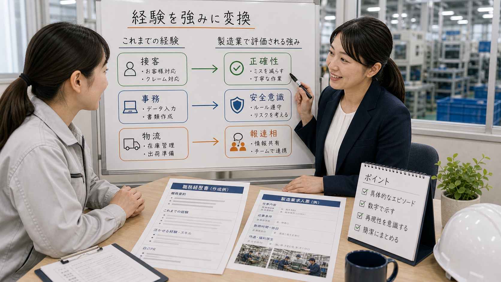 第4章「経験が浅い・未経験でも伝わる職務経歴の書き方」の要点を整理したインフォグラフィック。異業種の経験（接客・事務・物流）を矢印で製造業の評価軸（正確性・安全意識・チーム連携）に変換する図解。
