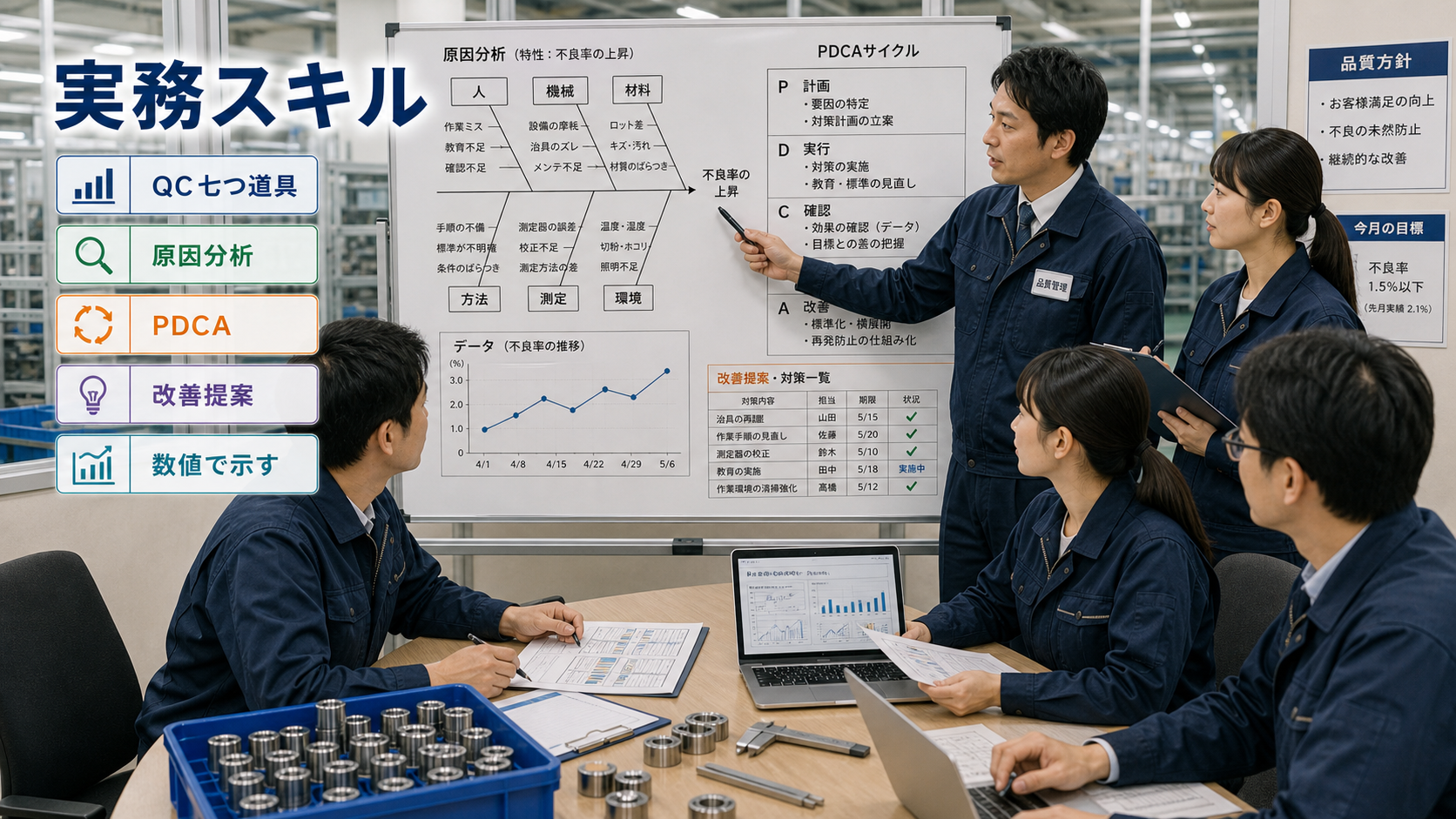 第4章「経験者が評価されやすい実務スキル」の要点を整理したインフォグラフィック。QC七つ道具（パレート図、特性要因図、ヒストグラムなど）のアイコンを並べ、経験者が使う実務スキルの広がりを示す図解。