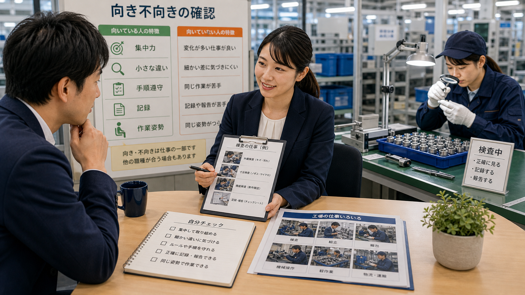 第4章「検査に向いている人・向いていない人」の要点を整理したインフォグラフィック。検査職に向いている人の5つの特徴と合わないと感じやすい傾向を対比で示し、自己チェックリストで適性を判断できるようにした図解